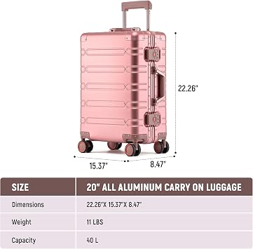 UrbanExplorer All Aluminum Carry On Luggage Hard Shell Suitcases with Spinner Wheels Zipperless Luggage 20 inch Small Carry On Suitcase for Short Trips, Pink