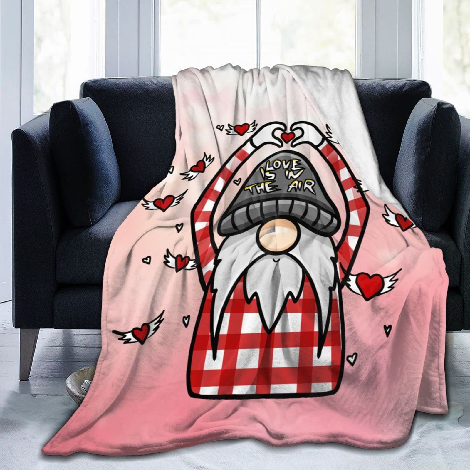 Lsjuee Valentine's Day Gnome Throw Blanket Warm Cozy Lightweight Blankets Happy Valentine's Day Gift Flannel Blanket for Sofa Couch Bed Office Holiday Decorative 50"X40"