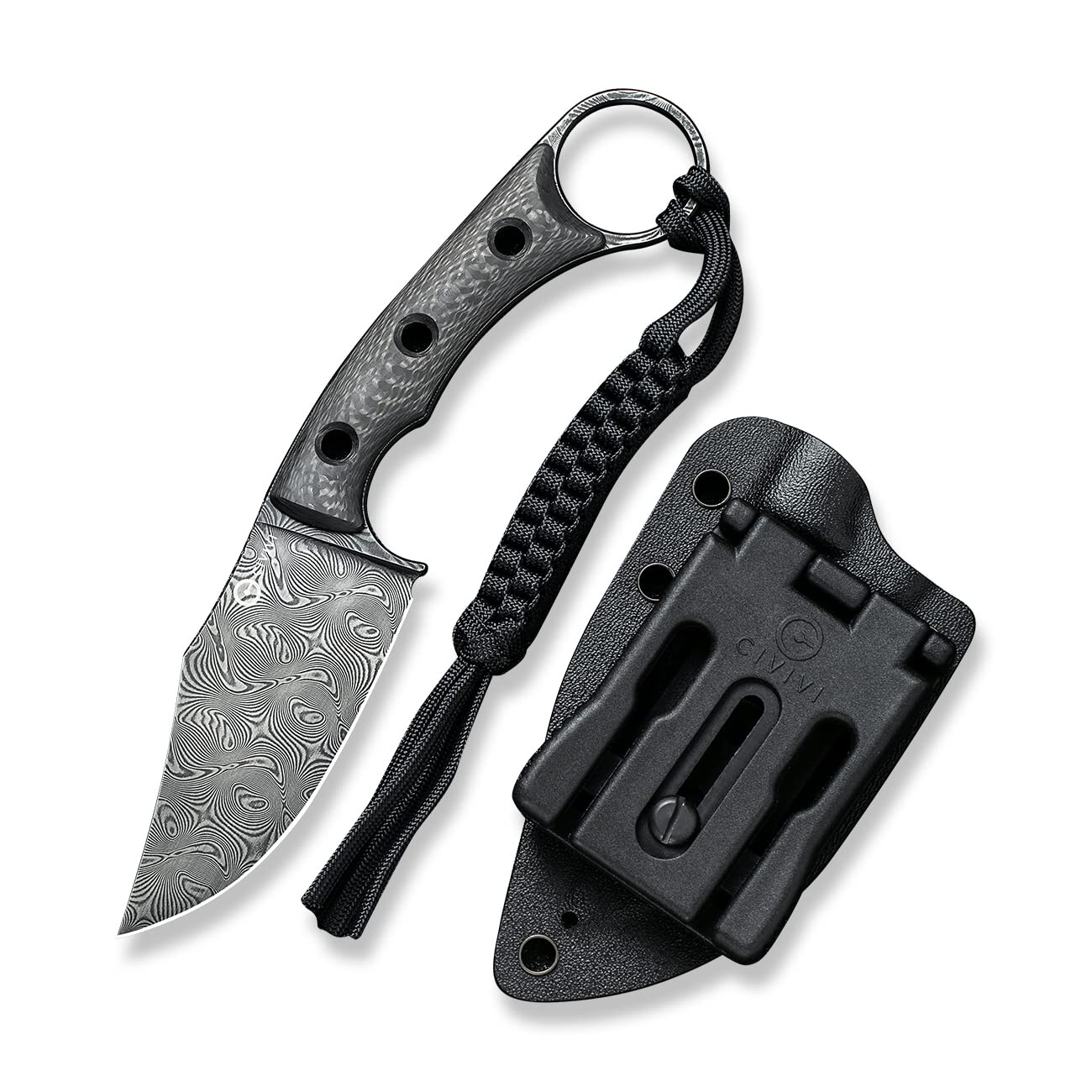 CIVIVI Midwatch Fixed Blade Knife, 3.39" Damascus Steel Blade Twill Carbon Fiber Handle with Kydex Sheath and Black Tied Paracord Lanyard C20059B-DS1