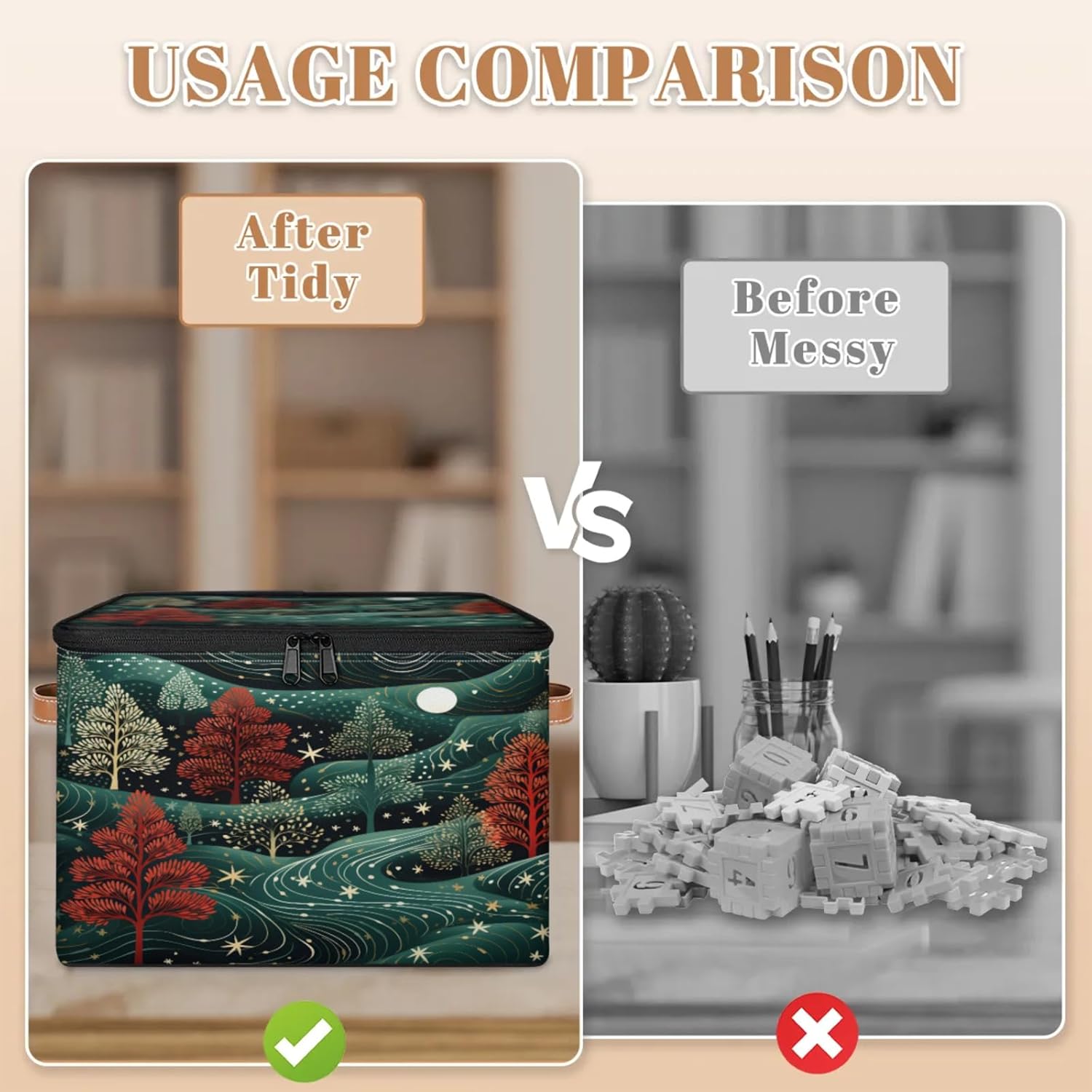 Storage Bin Set of 2 Night Forest Trees Storage Basket with Zipper Lid & Handle Foldable Closet Shelf 2 Pack Cloth Organizer Basket Cube Bins Clothes Organizer for Nursery, Bedroom