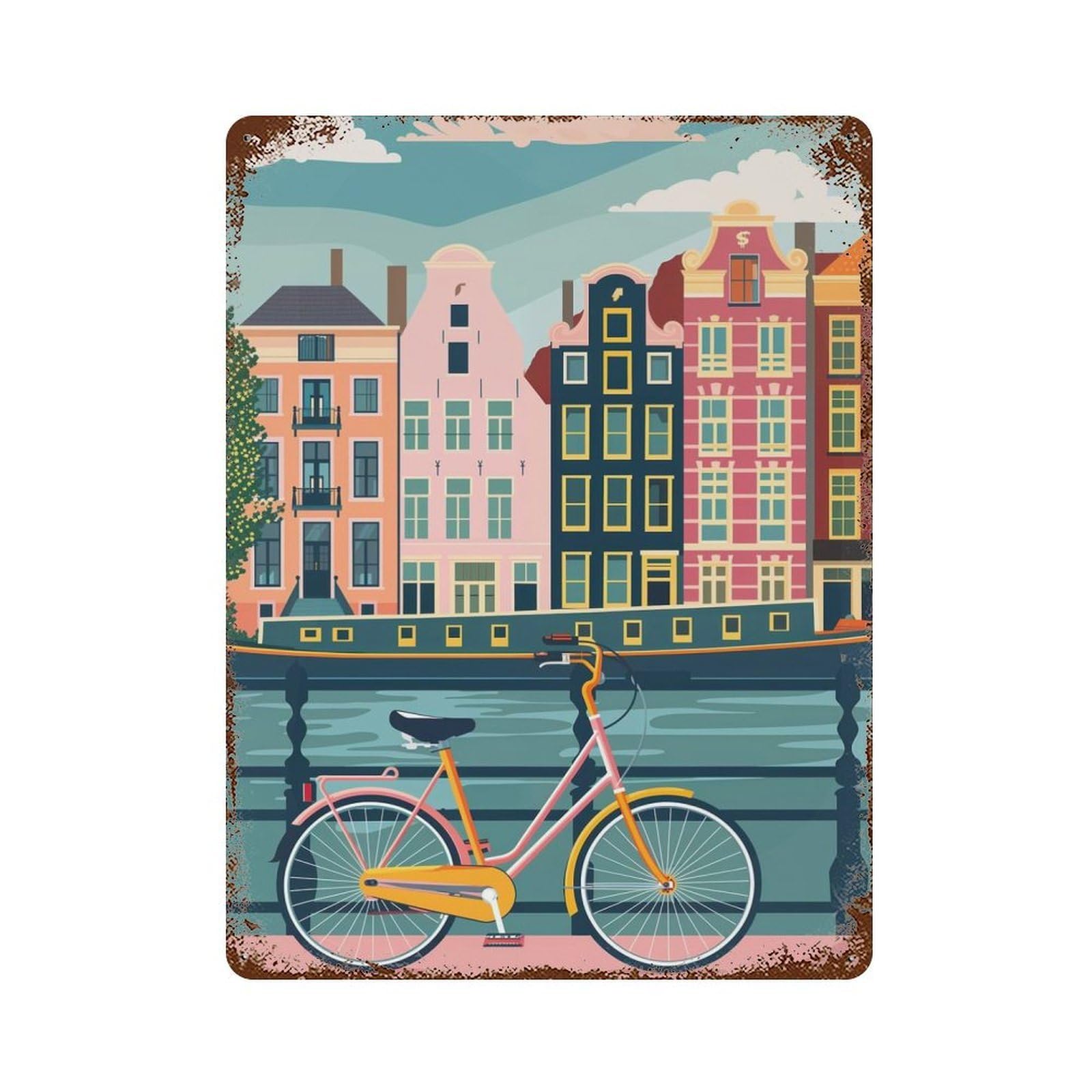 Rust Effect Amsterdam Canal Bike Aged Metal Wall Plaque 15.7"x11.8", Shabby Chic Decor for Basement, Hobby Room And Garage Decor