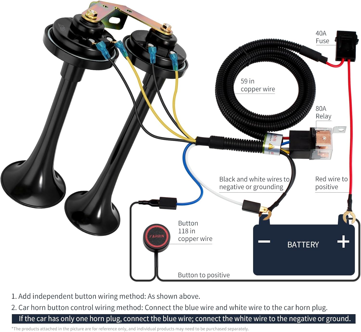 FARBIN Train Horns 12V Electric Truck Horn Loud Dual Car Horns with Bracket for Semi Truck Pickup SUV Boat (Black with Harness and Button)