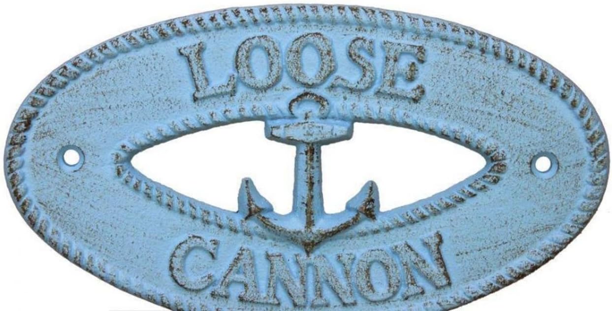 Hampton Nautical K-9310-solid-light-blue Rustic Light Blue Cast Iron Loose Cannon with Anchor Sign 8" - Decorative Metal Wall Art - Cast Iron