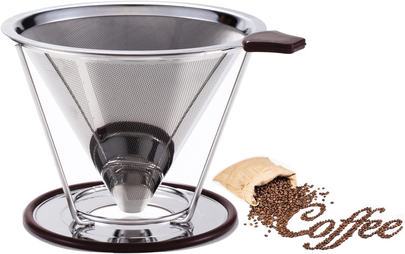 Stainless Steel Coffee Filter - Reusable Double Fine Mesh Pour Over Coffee Dripper- Cone Coffee Dripper Paperless-Coffee Maker with Separate Stand