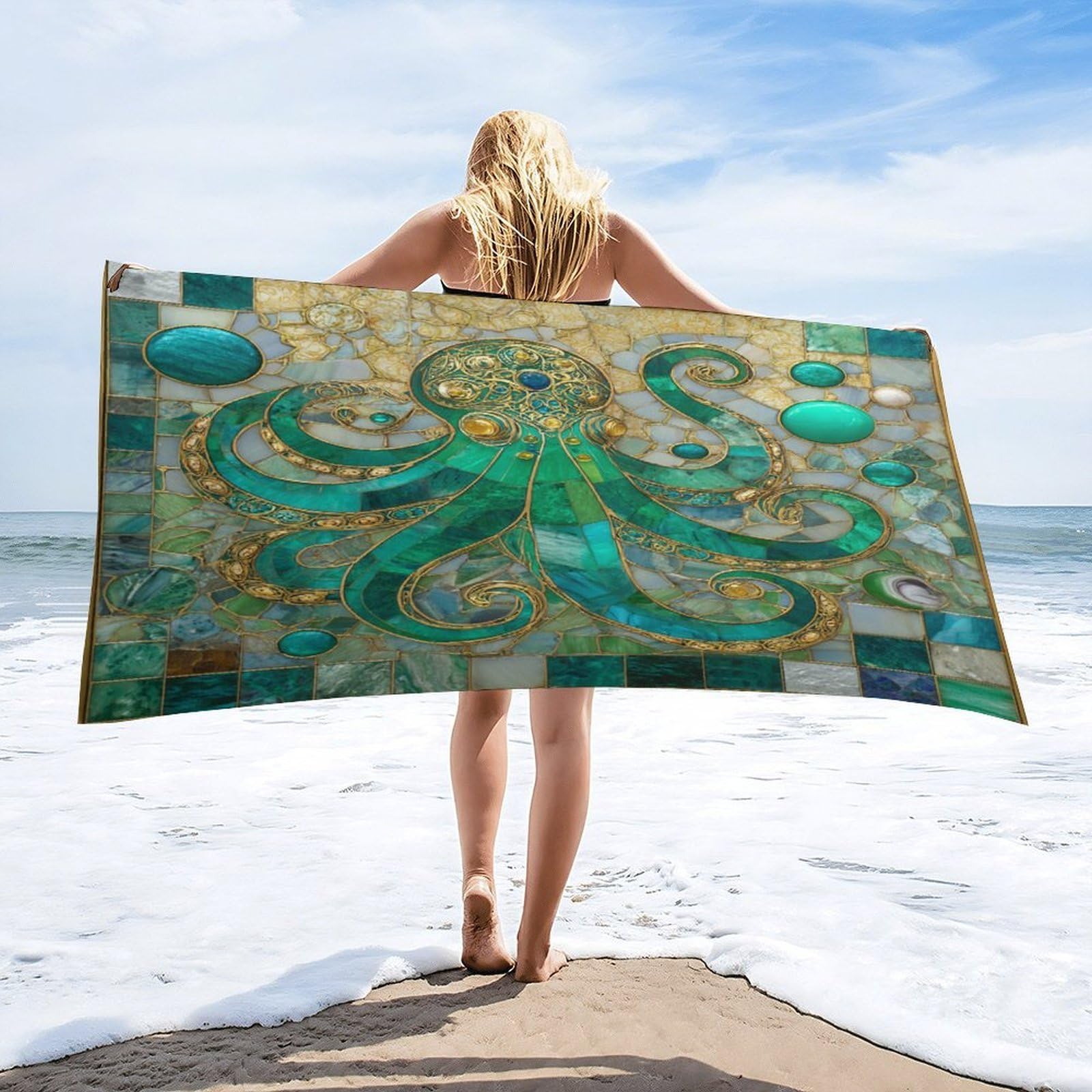 Luyysky Classic Rustic Animal Octopus Quick-Drying Beach Towel, Vintage Fantasy Ocean Octopus Blue Gold Marble Texture Travel Vacation Single Sided Pile Bathroom Towels-80 W Cm X 160" L Cm