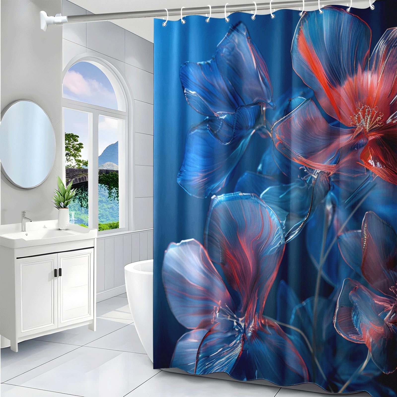 Tenda Doccia Fiori Rosso Blu Tenda Doccia Antimuffa Impermeabile Poliestere Lavabile con 12 Ganci Facile da Installare Tende Finestra Bagno per Dormitorio Hotel(180x220cm)