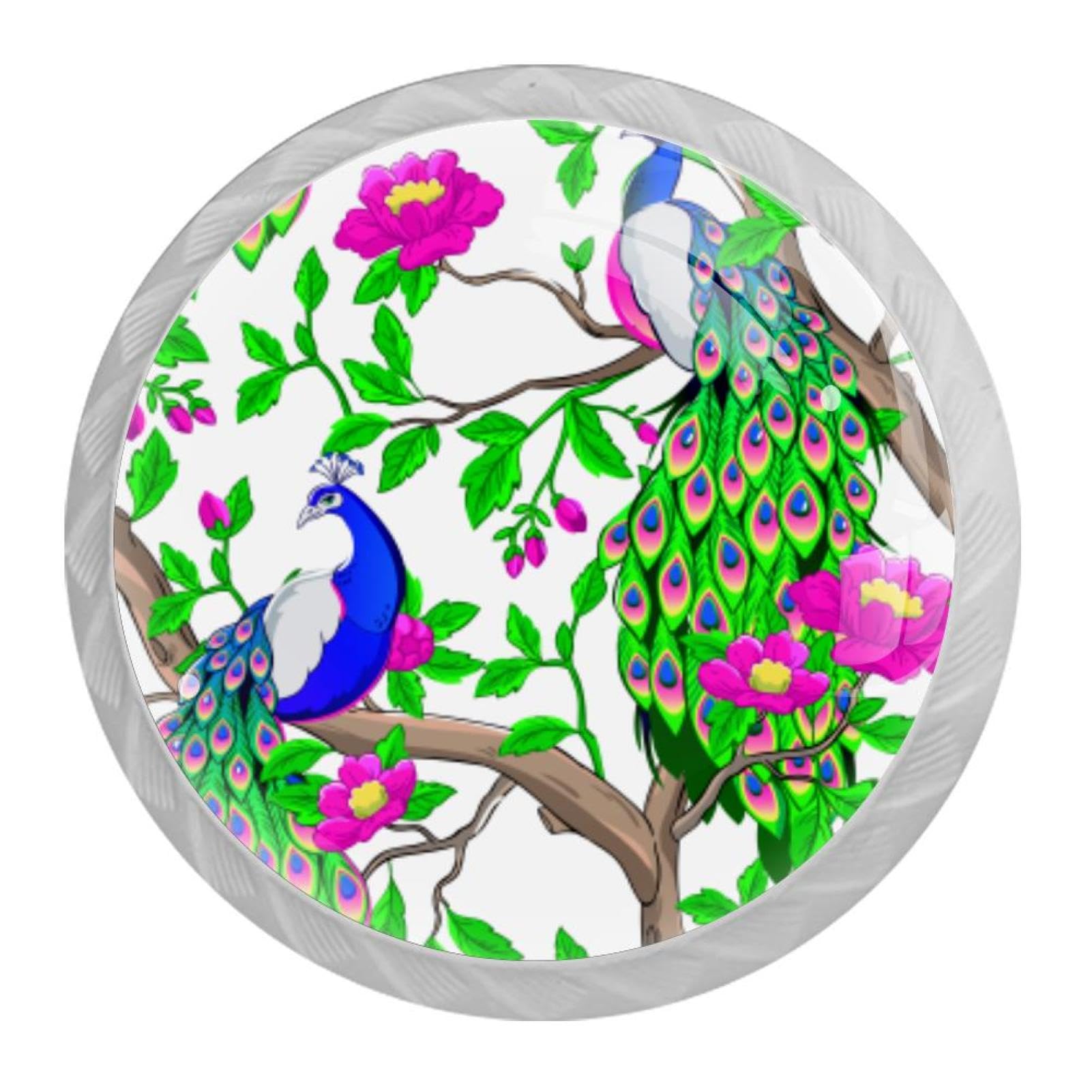 Tqmspg 4 Pieces Drawer Pulls Peacocks Flowers Tree Door Knobs Dresser Handles for Kitchen Wardrobe Cupboard Hardware Furniture