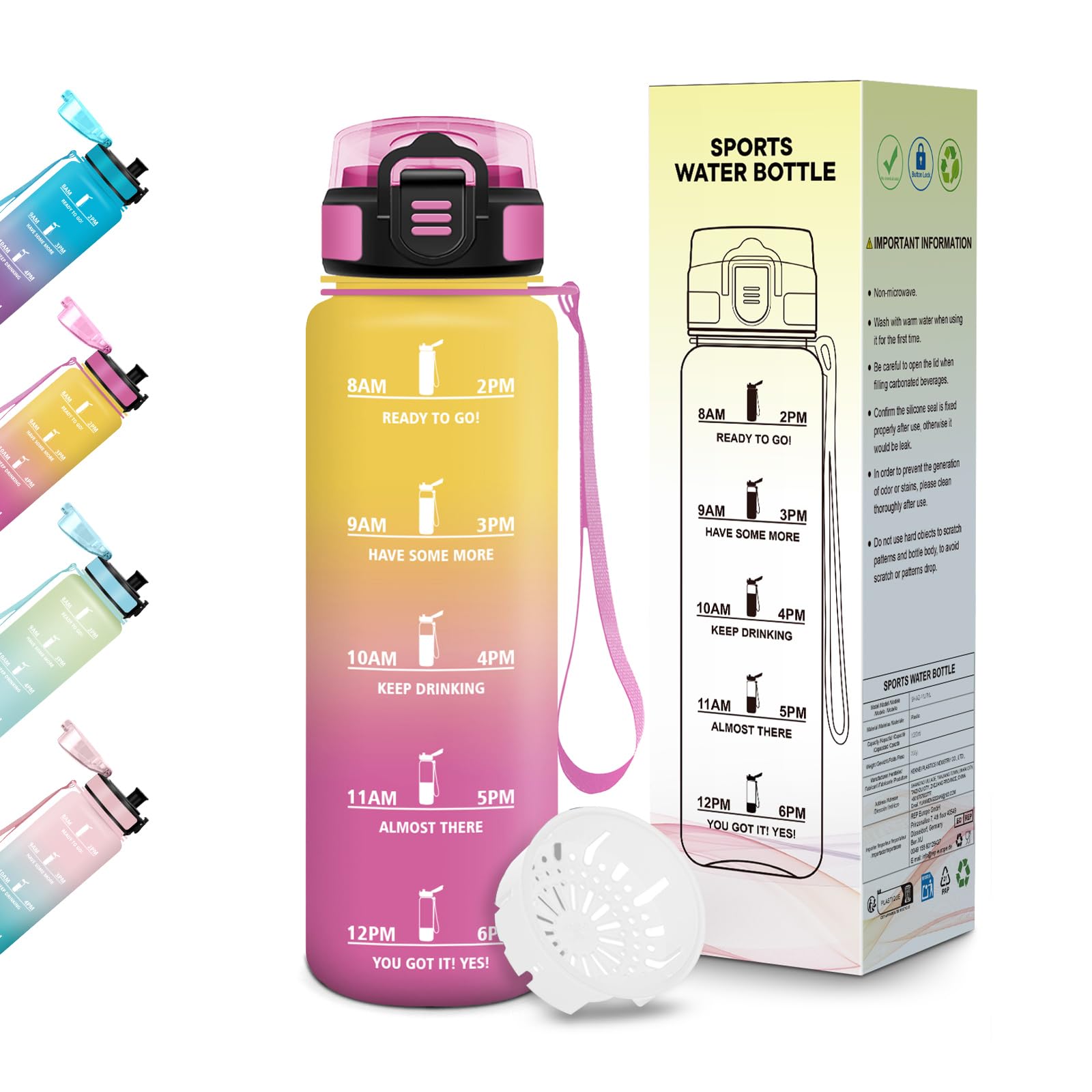 Motswedi Borraccia 500 ml, Senza BPA, Bottiglia Plastica, a prova di perdite, Borraccia Bambina, Adatta a Bevande Gassate, Bottiglia Ideale per Yoga, Scuola, Attività All'aperto - Giallo Rosa