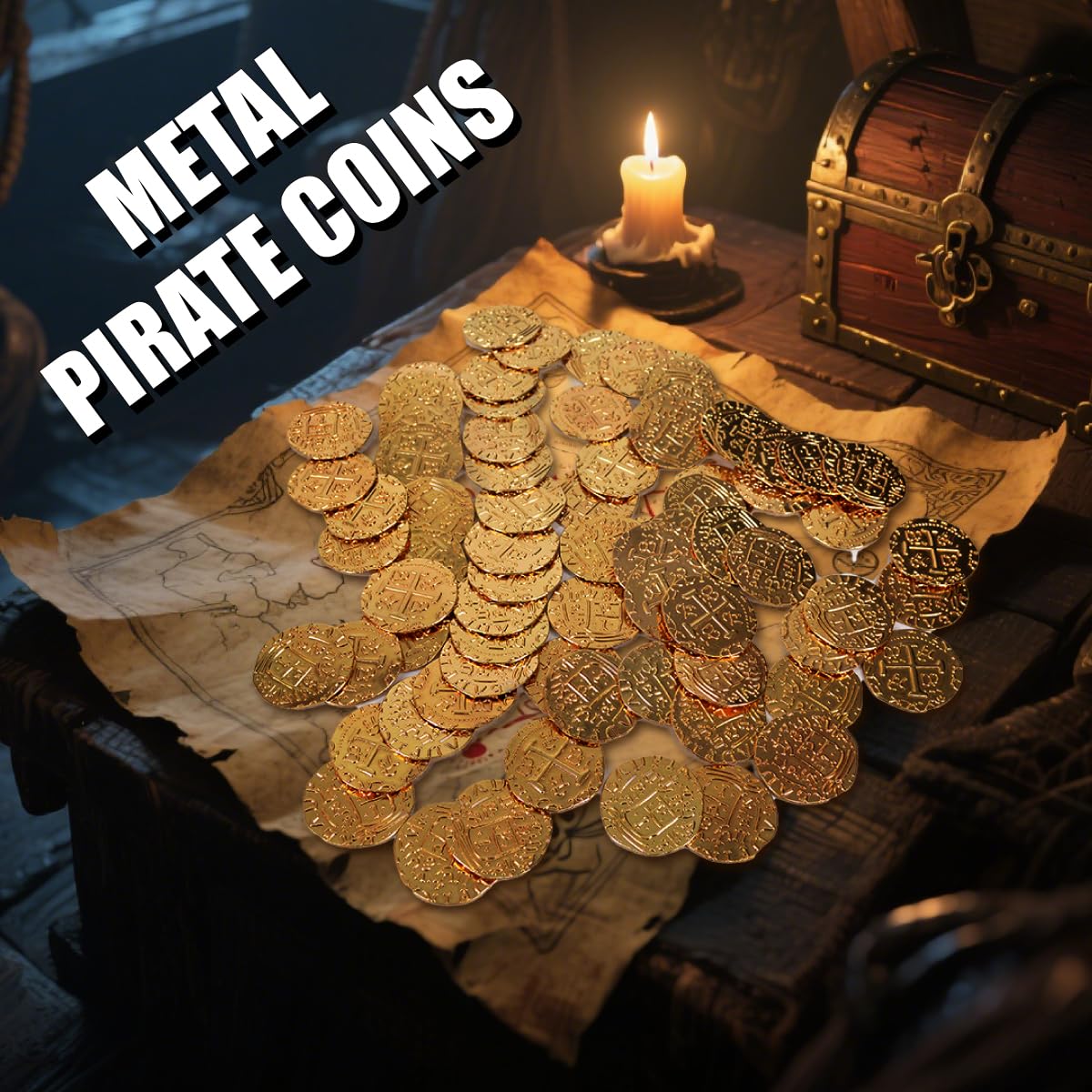 ZUCOS Accessori per monete da pirata, set di monete d'oro, in metallo, decorazione per giochi da tavolo DND, cosplay, imitazione di denaro medievale, tesoro dei pirati (35 pezzi)