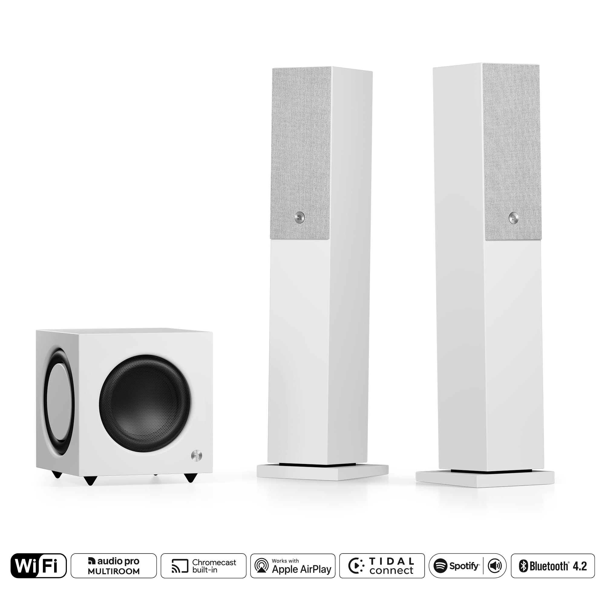 Audio Pro Coppia di Casse Stereo Wireless Multiroom da Pavimento con WiFi, AirPlay2, Google Cast, Spotify Connect, Bluetooth e HiFi - 2 Potenti Altoparlanti per Musica e Audio TV A38 - Bianco