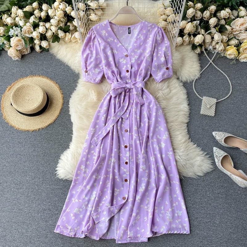 Gufrina Dresses For Women Half Sleeve || Floral Print || V-Neck And Puff Sleeves || Front Open Button & Tie-Up || Midi Dress (Lavender S)