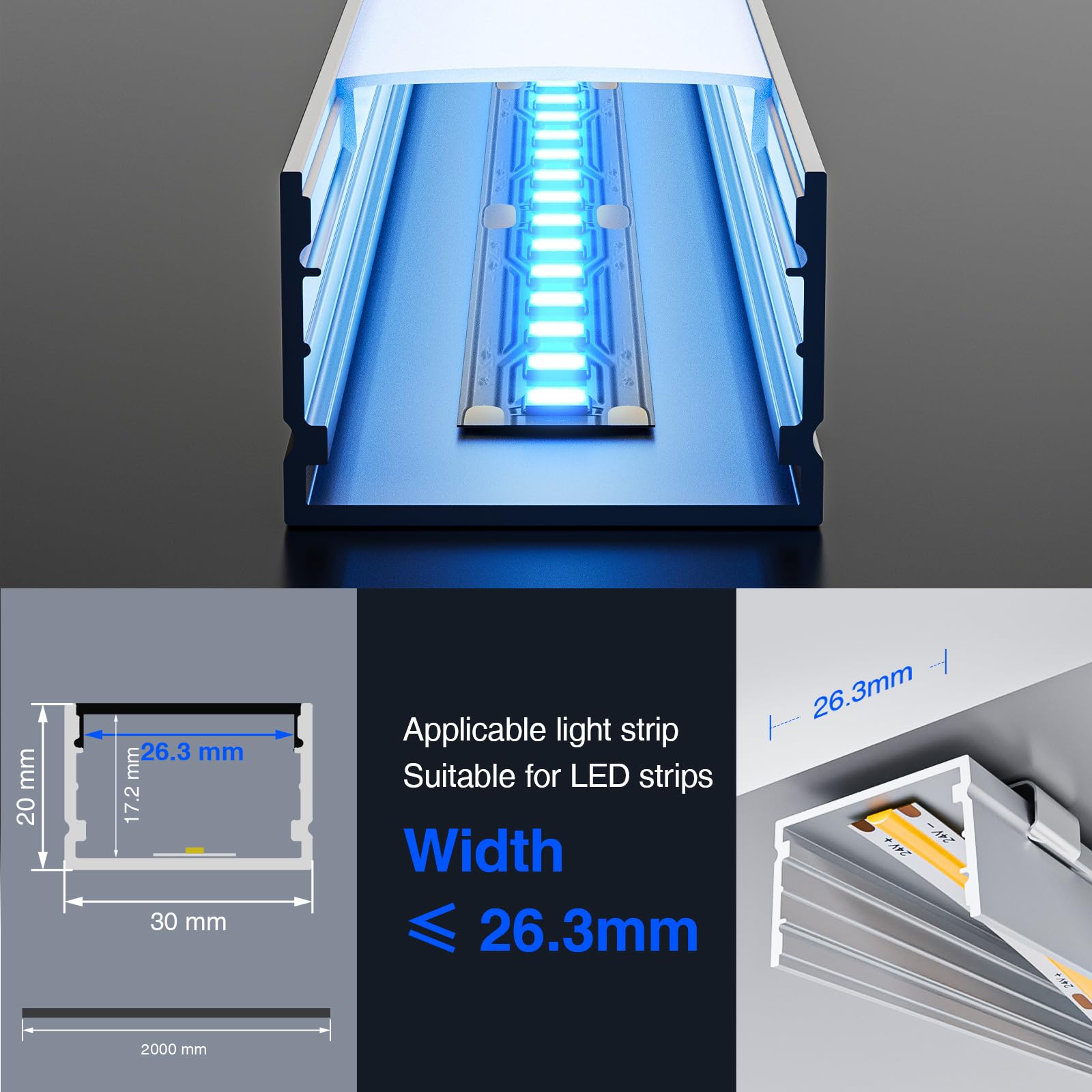Profilé en Aluminium LED 5 x 2m(10m) pour Montage en Surface pour Bandes LED jusqu'à 25mm avec Couvercle PC Blanc Lait et Embouts pour Deux Bandes LED ou Plus