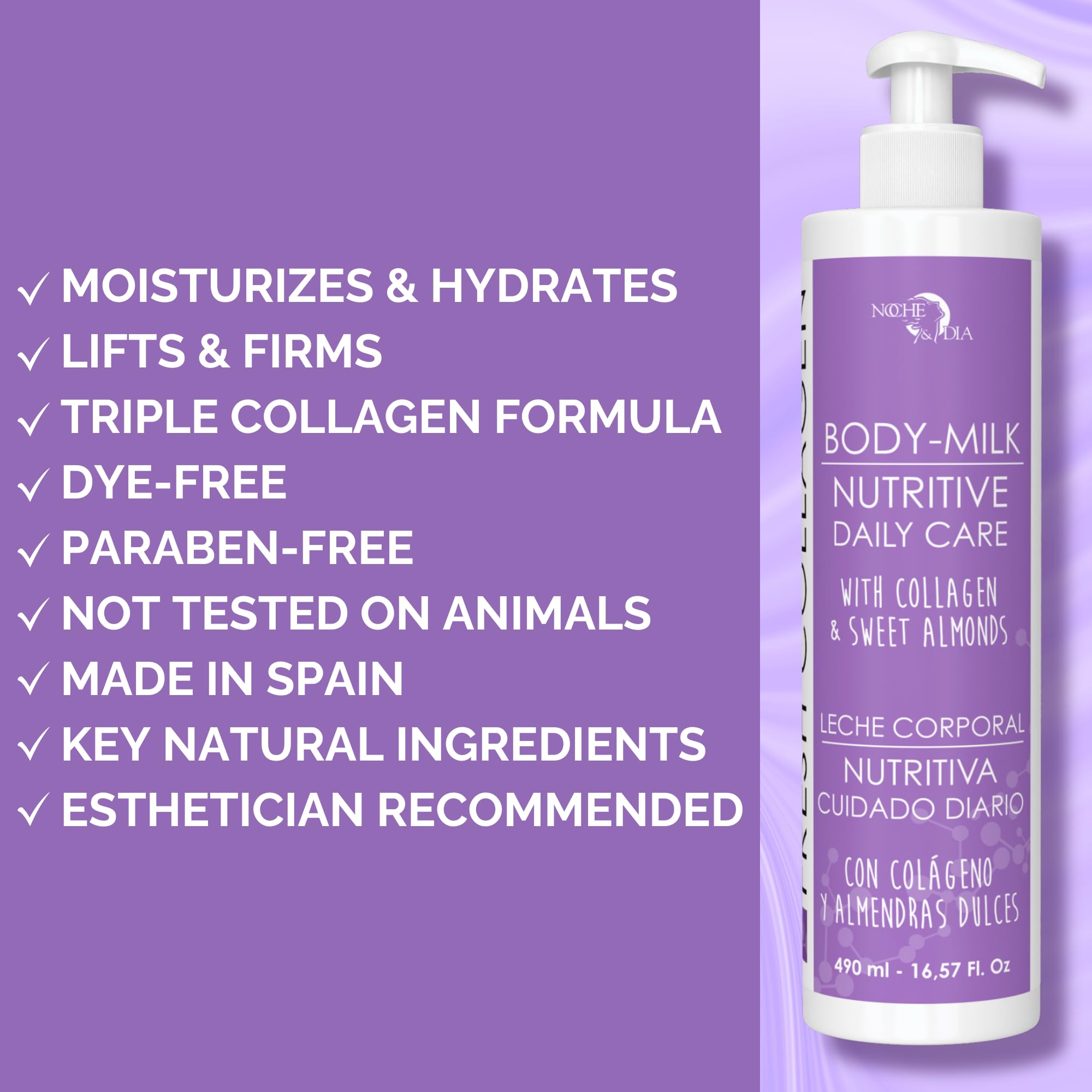 Noche Y Dia Frische Kollagen-Körpermilch, feuchtigkeitsspendende und straffende Lotion für trockene Haut, mit Milchsäure und Glycin, 500 ml