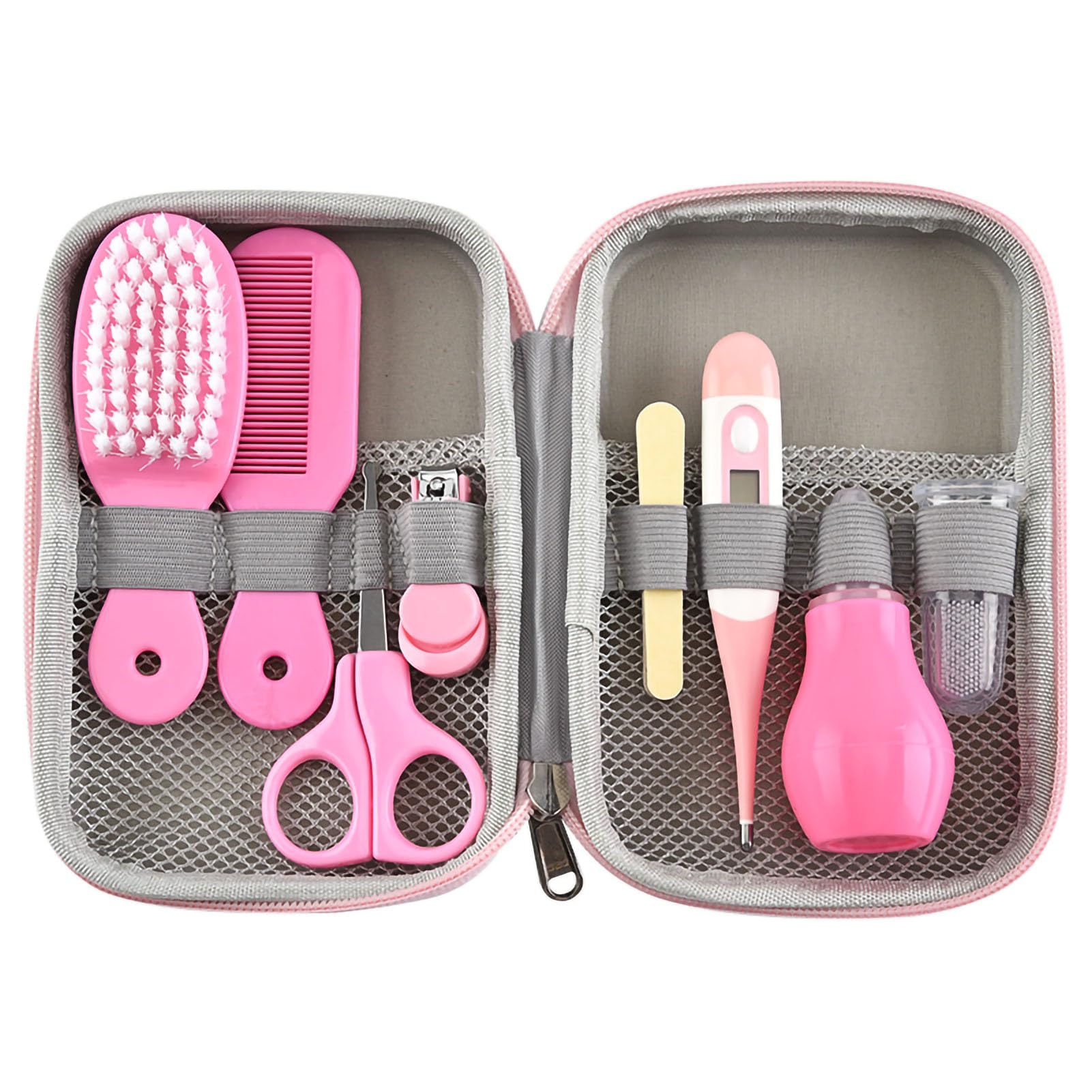 Baby Grooming Kit,8 pcs Infant Safety Care Set including Hair Brush Nail Clipper Nose Cleaner Finger Toothbrush Scissor Nasal Aspirator Newborn Care for Boys Girls (Pink)