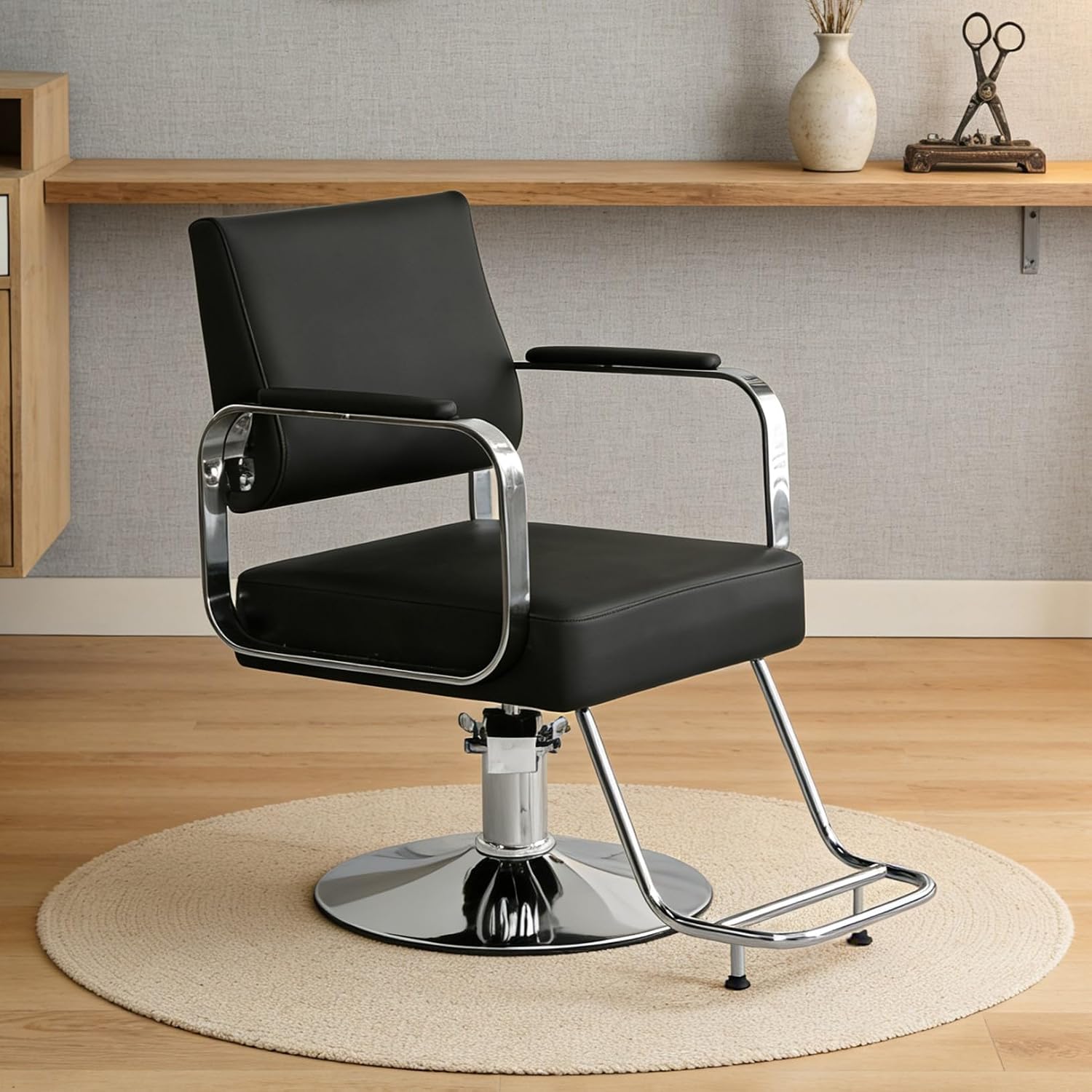 Hydraulic Barber Chair with Height Adjustment & 360° Swivel, Salon Styling Chair with Memory Foam & Steel Footrest for Home Barbershop Salon, Black
