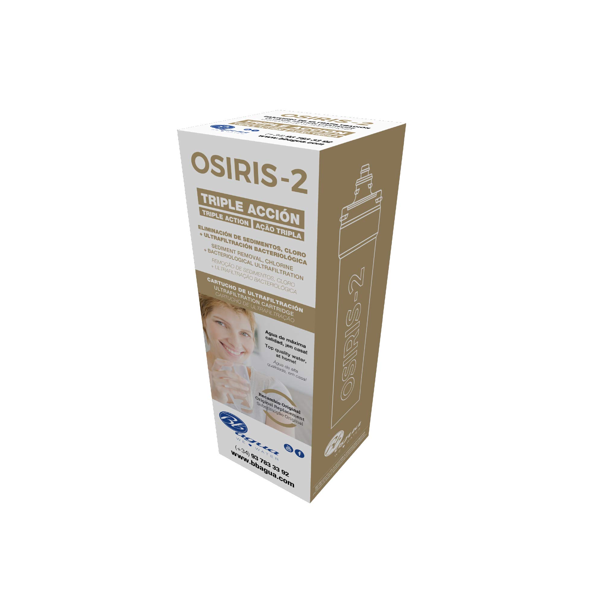 Cartucho recambio filtro de agua Osiris-2. Elimina la sedimentación, reduce el cloro, los sabores y olores. Fácil sustitución. Fácil mantenimiento. Bbagua.