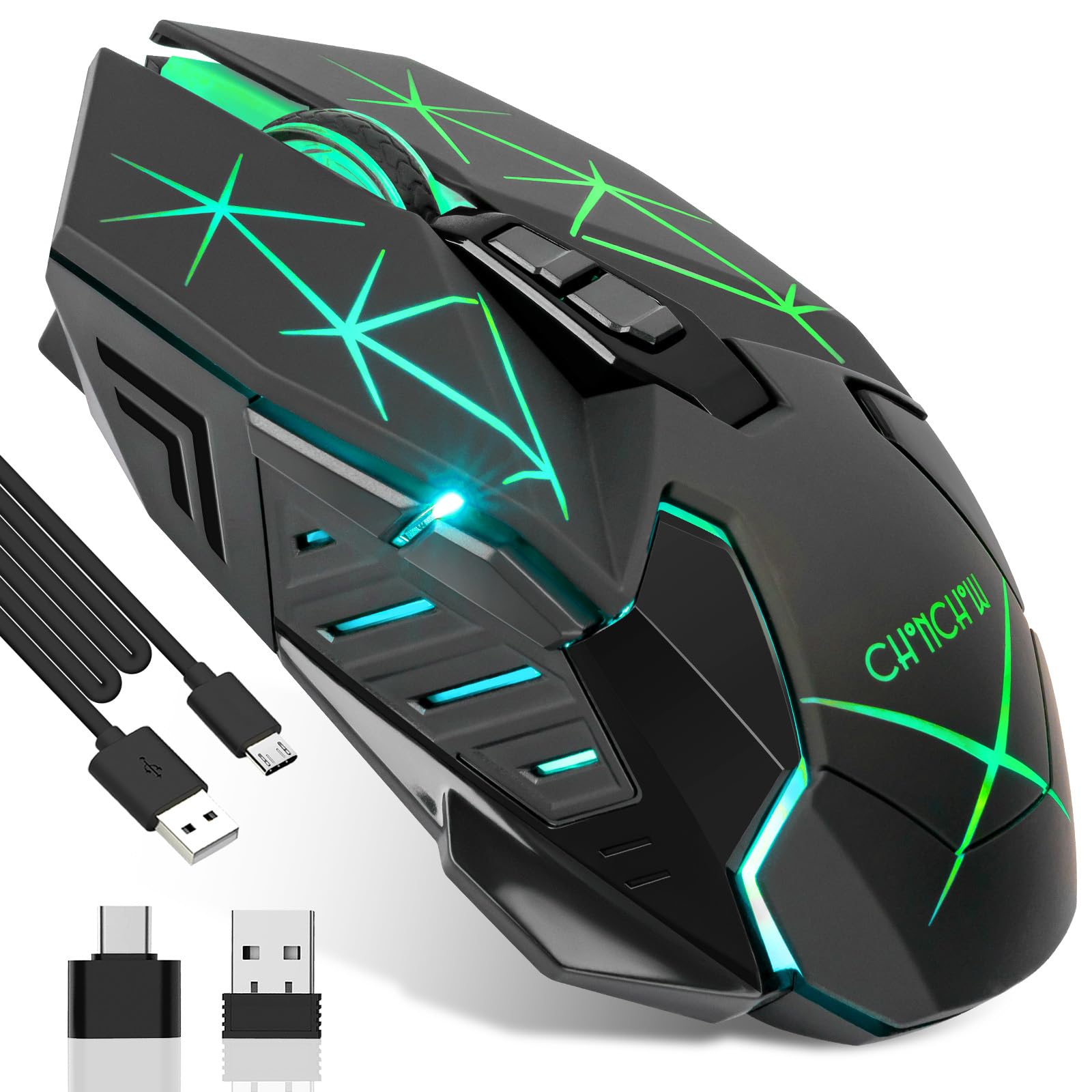 CHONCHOW Ratón inalámbrico para juegos para laptop con botones laterales para PS4/PS5/Xbox One, mouse de PC recargable con receptor USB 2.4G, 3.200 DPI/7 botones/retroiluminación RGB, mouse ergonómico