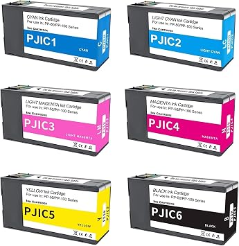 PP50 PP100 Ink Cartridges 6 Color Set PJIC1 PJIC2 PJIC3 PJIC4 PJIC5 PJIC6 C13S02A9991 Suitable for DiscProducer PP-50 PP-100 Printers Black, Cyan, Magenta, Yellow, Light Cyan, Light Magenta, 6Pcs