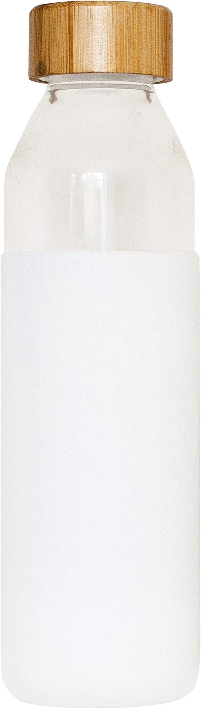 Glass Water Bottle with White Protective Silicone Sleeve - BPA-Free Borosilicate Dishwasher Safe Travel Style Reusable Glass Bottle with Bamboo Lid - 17oz