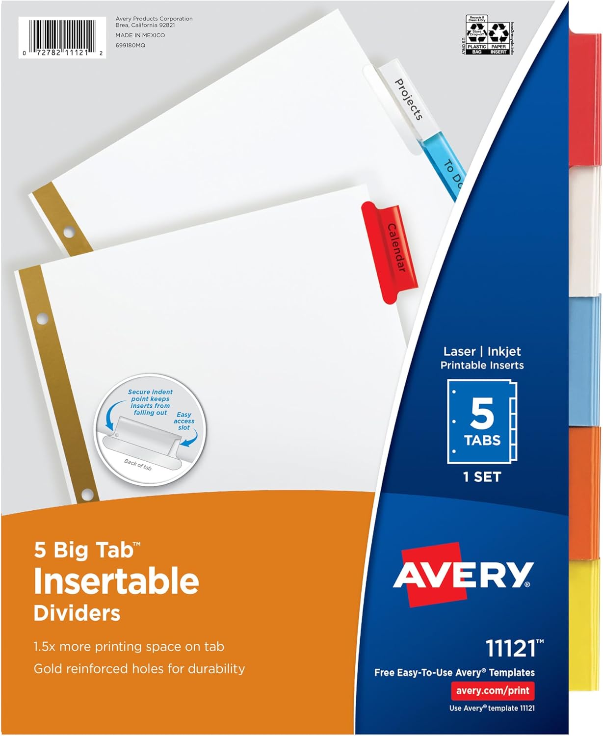 Avery Big Tab Insertable Dividers, 5 Multicolor Tabs, Case Pack of 36 Sets (11121)