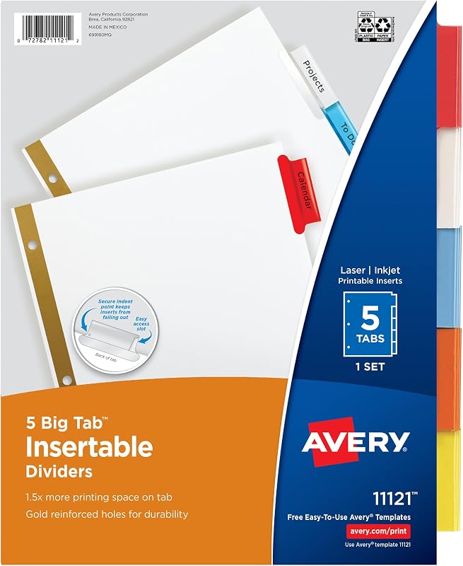 Separadores insertables Avery Big Tab, 5 pestañas, multicolor, 1 juego | Para organizar tareas escolares y finanzas, pestañas insertables imprimibles, pestañas de plástico reforzado, agujeros reforzados con oro