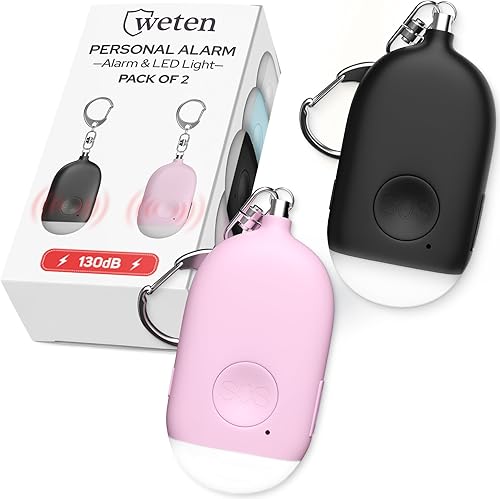 Weten Llavero de alarma personal recargable, sirena de 130 dB y luz LED, paquete de 2 alertas de seguridad personal para que las mujeres lo lleven,