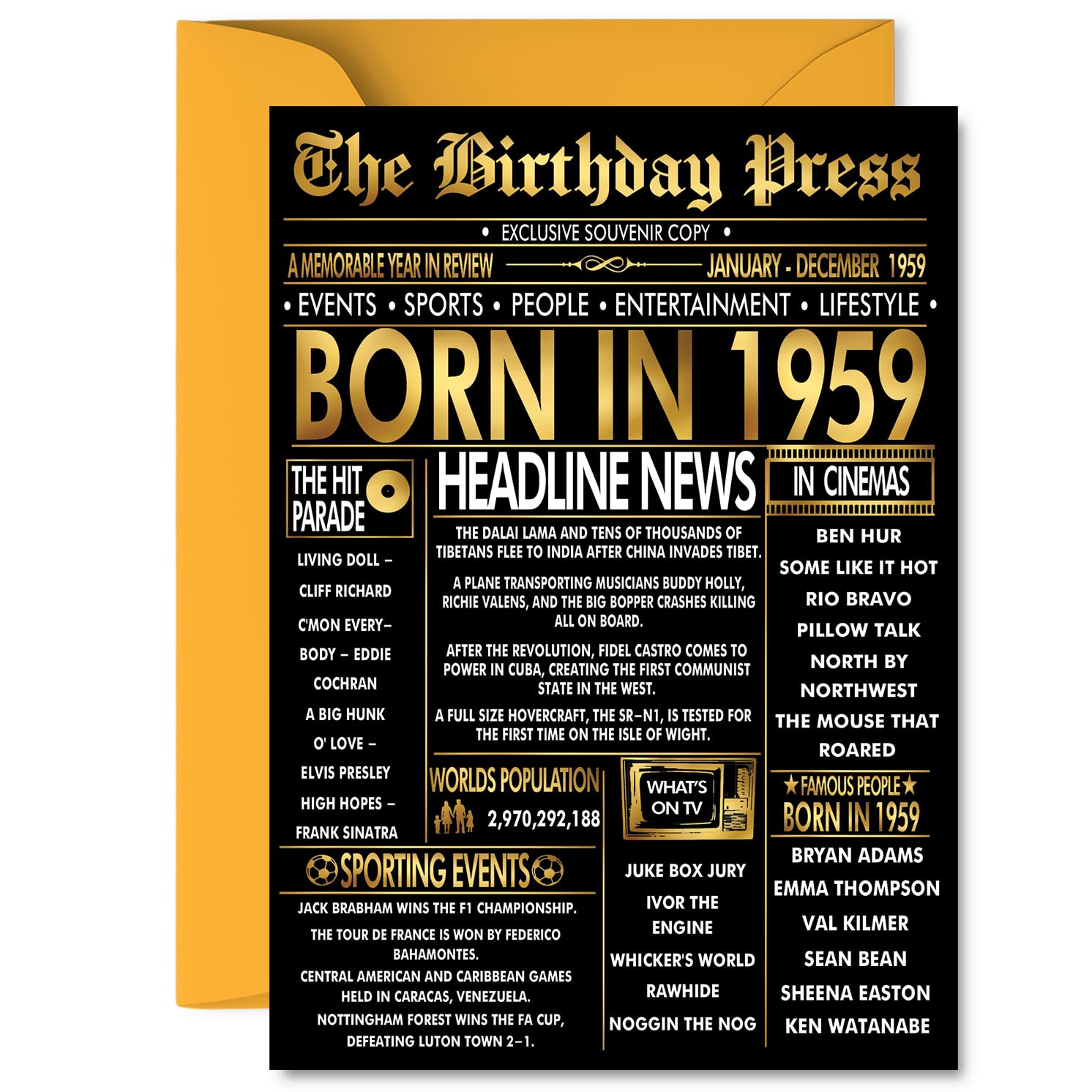 Gold 67th Birthday Card for Men Women - Black & Golden Newspaper Born in 1959 - Happy 67 Birthday Cards for Friend Nanny Brother Sister Husband Wife, 5x7 Inch Bday Greeting Cards