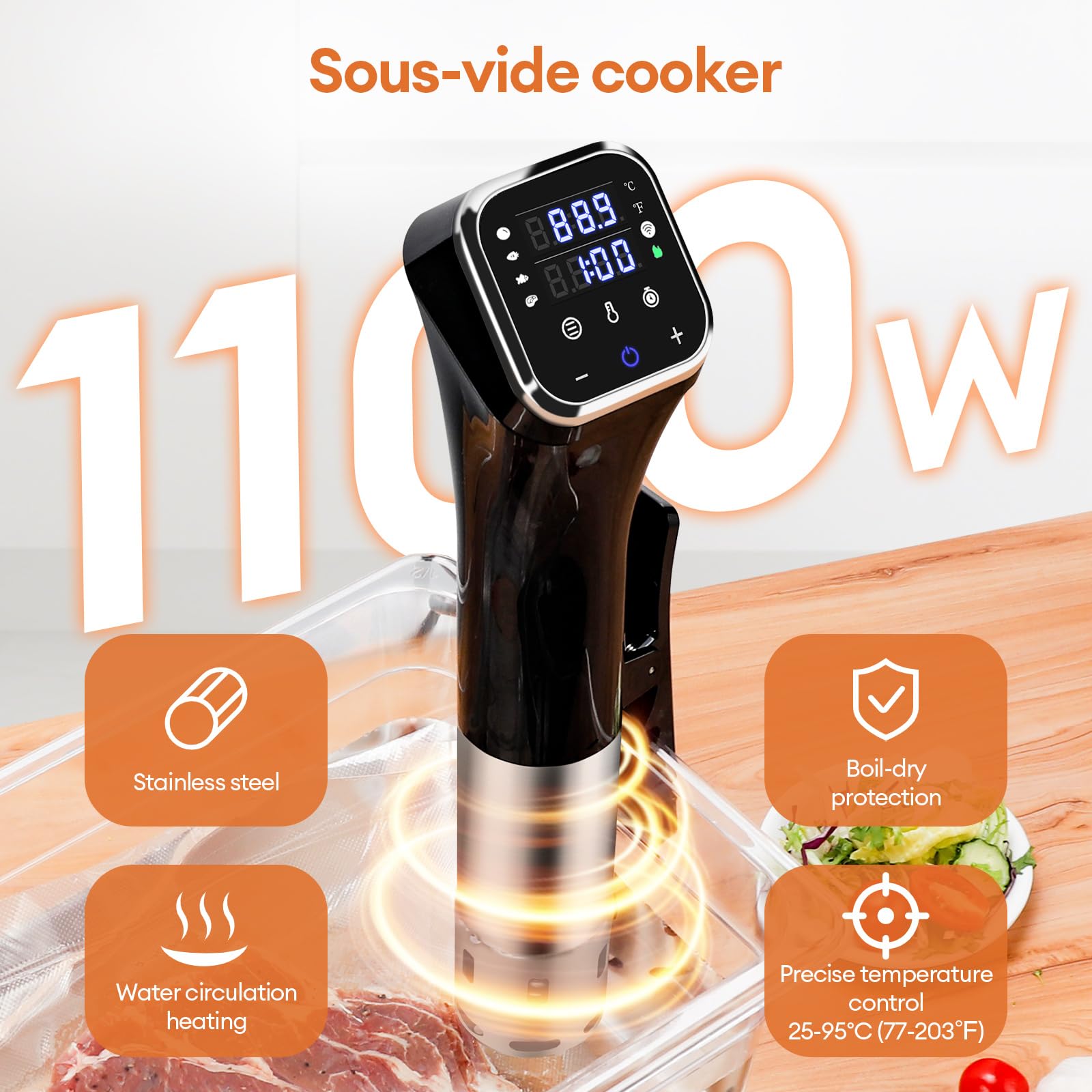 Cocina Sous Vide WiFi de 2.4 G, circulador de inmersión de precisión de 1100 W con control de temperatura de ±0.-17.2 °C, IPX7 impermeable, funcionamiento silencioso, pantalla LED y 4 protecciones de