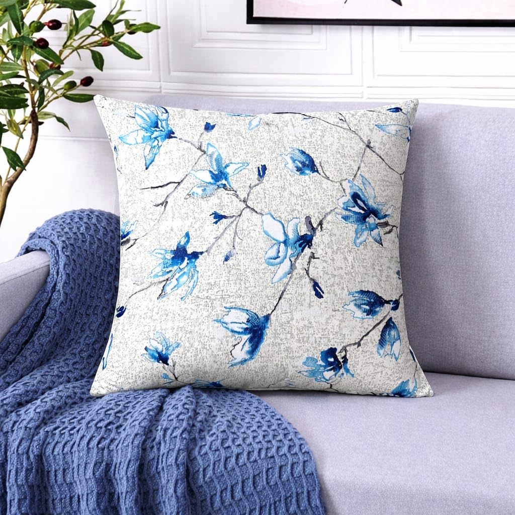 Floral Throw Pillow Cover 18x18 Inch Set of 1, Square, Decorative Cushion Cover for Sofa Couch Bed, Vintage Flower Pillowcase for Living Room Bedroom Home Decor (Cushion Cover- Blue)