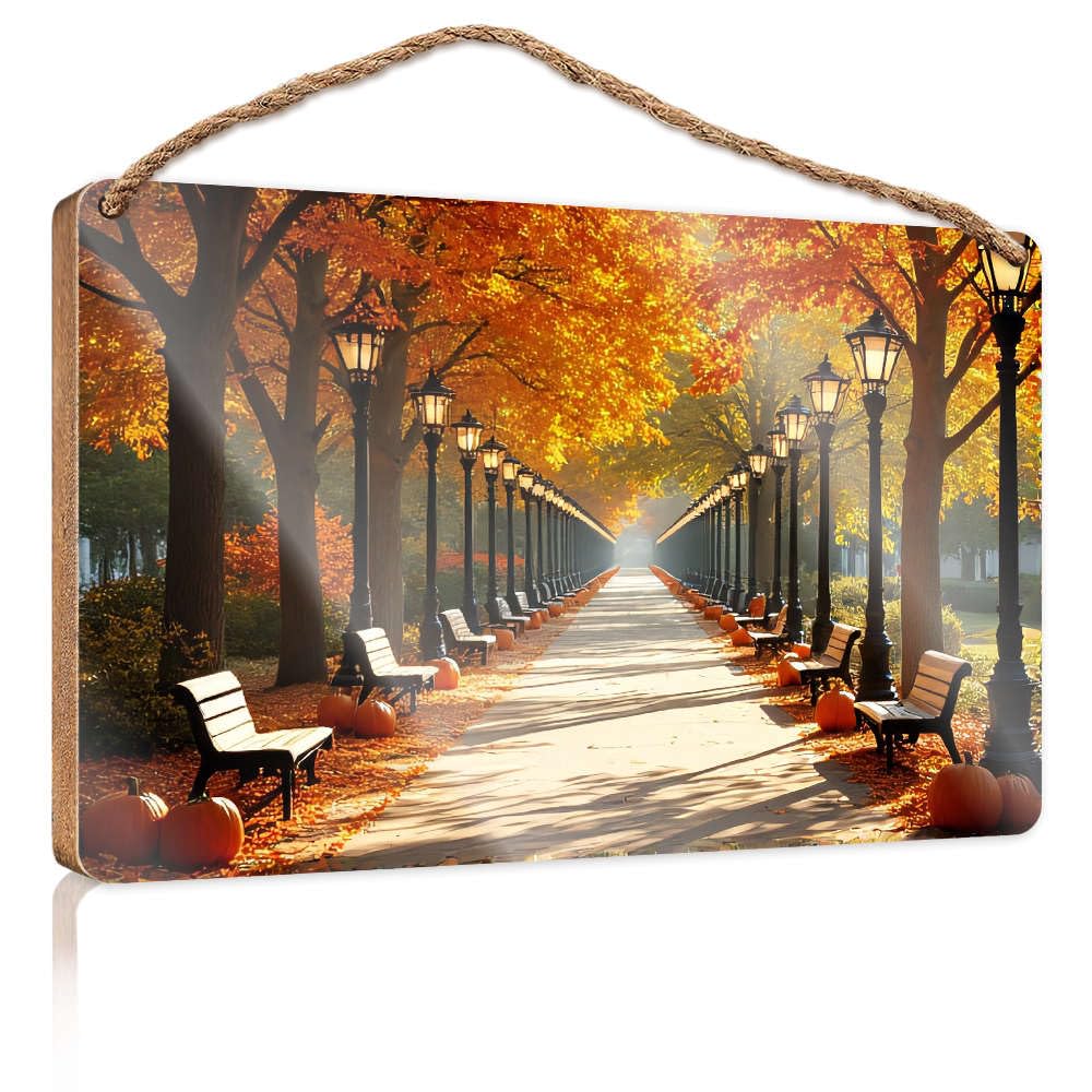 Wooden Decorative Plaque Autumnal Park With Pumpkins And Benches. Office Decor For Wall Funny Porch Decorations(20X30CM)