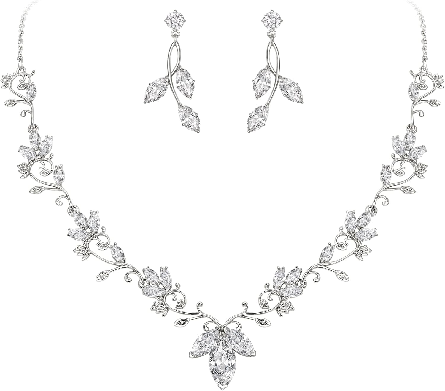BriLove Women's CZ Teardrop Flower Leaf Filigree Wedding Necklace Earrings Set - Bridesmaid Prom Party Jewelry