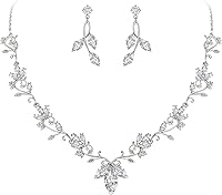 BriLove Women's CZ Teardrop Flower Leaf Filigree Wedding Necklace Earrings Set - Bridesmaid Prom Party Jewelry