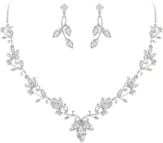 BriLove Women's CZ Teardrop Flower Leaf Filigree Wedding Necklace Earrings Set - Bridesmaid Prom Party Jewelry