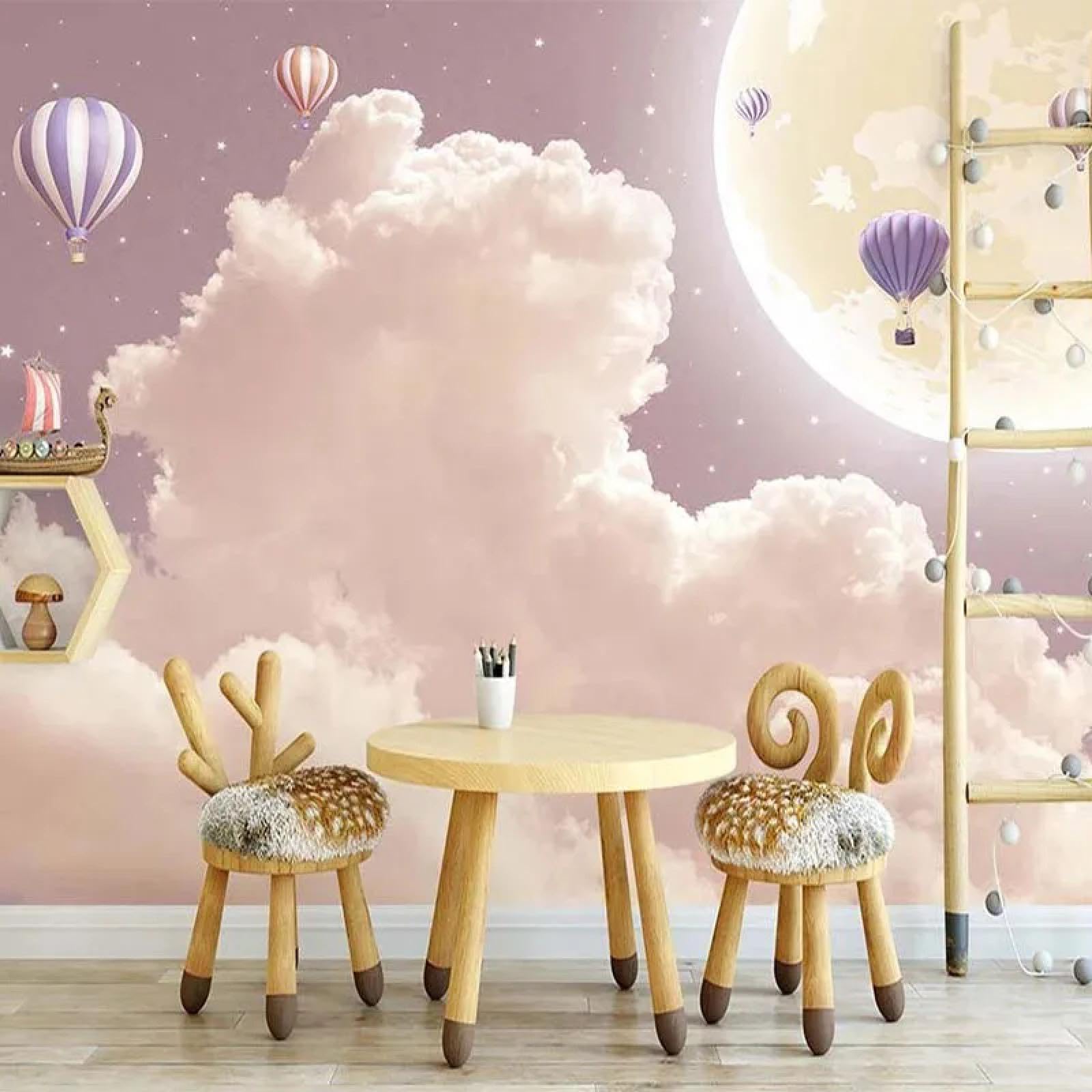Déco murale montgolfière nuages peints à la main ciel étoilé pour chambre de fille