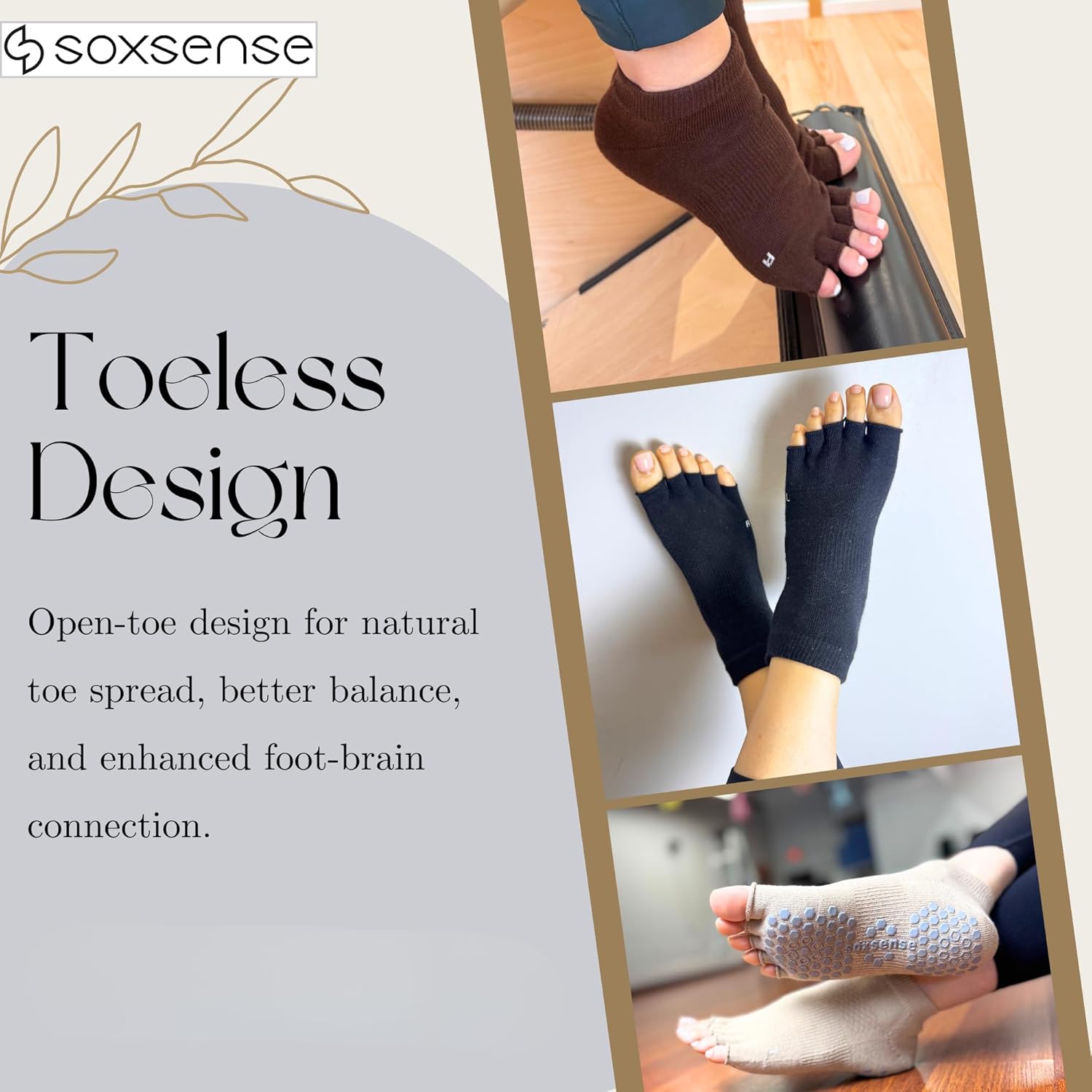 Soxsense Toeless Grip Socks for Pilates & Yoga, Open Toe Non Slip Socks with Cushion for Barre, Dance, Workout 2Pairs - Image 4