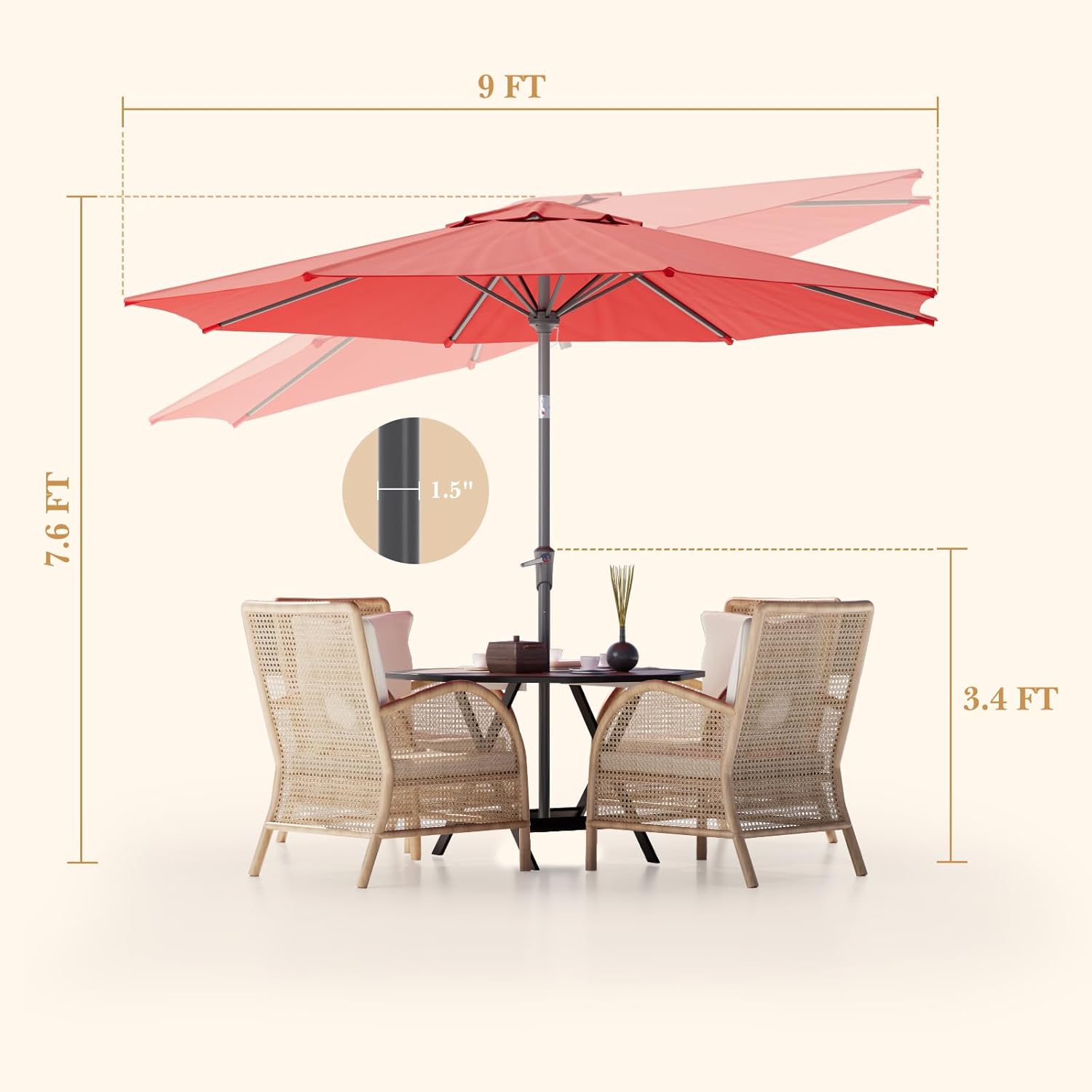 Sannwsg Outdoor Patio Umbrella,Table Umbrella with Push Button Tilt and Crank,Market Umbrella with 8 Sturdy Ribs,Yard Umbrella 9 FT Red- Steel Ribs