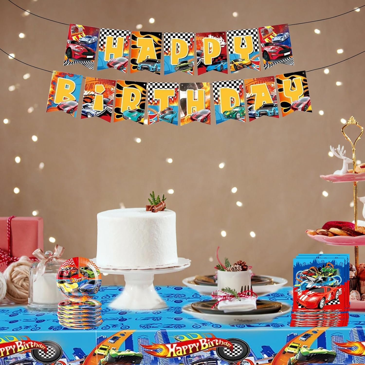NALACAL 32PCS Hot Wheels Party Decorations Set, Racing Car Birthday Supplies for Kids with Banner, Tablecloth, Plates, and Napkins