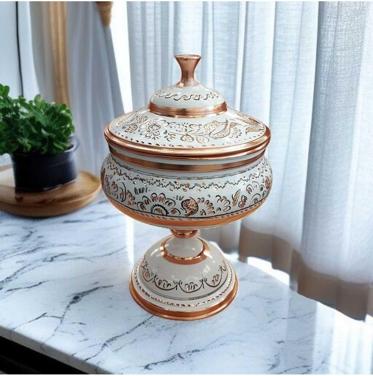 SODEF Large Copper Candy Dish with Lid, 7.5 in x 3.9 in, Hand-Painted White Floral Design, Authentic Erzurum Copper Chocolate Server, Decorative Copper Bowl - White