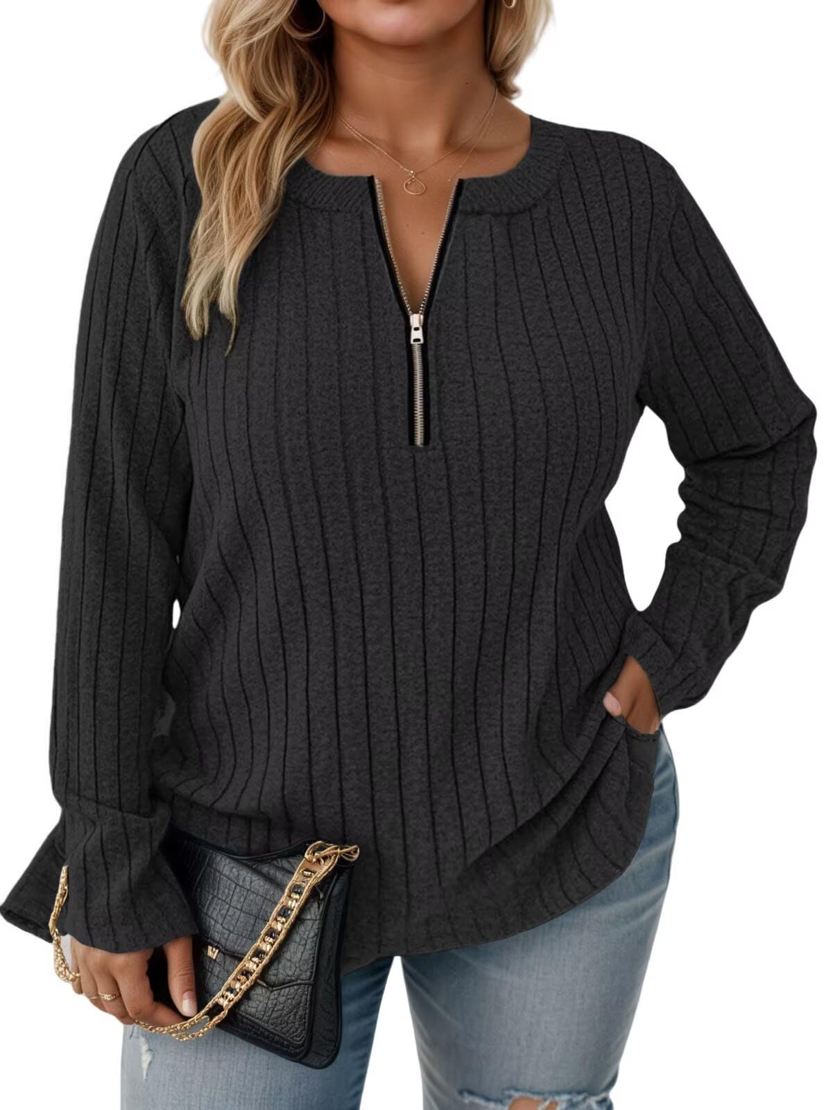VISLILY Womens-Plus-Size-Long-Sleeve-Tops Quarter Zip Pullover Lightweight Knit Sweaters Casual Shirts Trendy Blouses Tunics