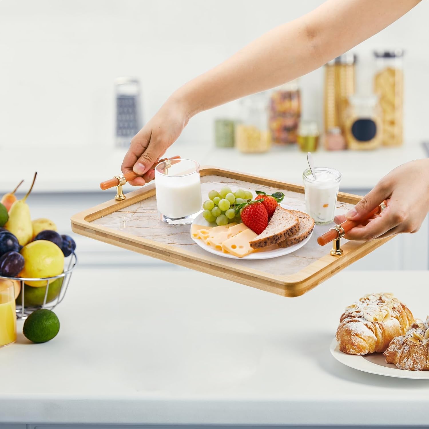 DEAYOU Bamboo Serving Tray with Handles, Marbling Decorative Ottoman Tray, Large Serving Platter for Coffee Table, Breakfast, Dinner, Perfume, Kitchen Counter, Living Room, Rectangle, 15.5"Lx 11.5"W - Image 6