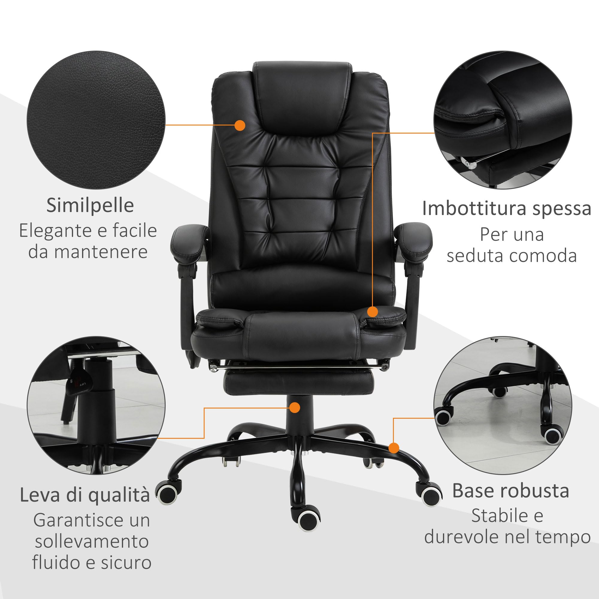 Vinsetto Sedia Ergonomica da Ufficio con 7 Punti Massaggianti e Poggiapiedi, Sedia da Scrivania Reclinabile in Pelle PU con Braccioli Imbottiti, Altezza Regolabile e Ruote Girevole, per Studio, Nero