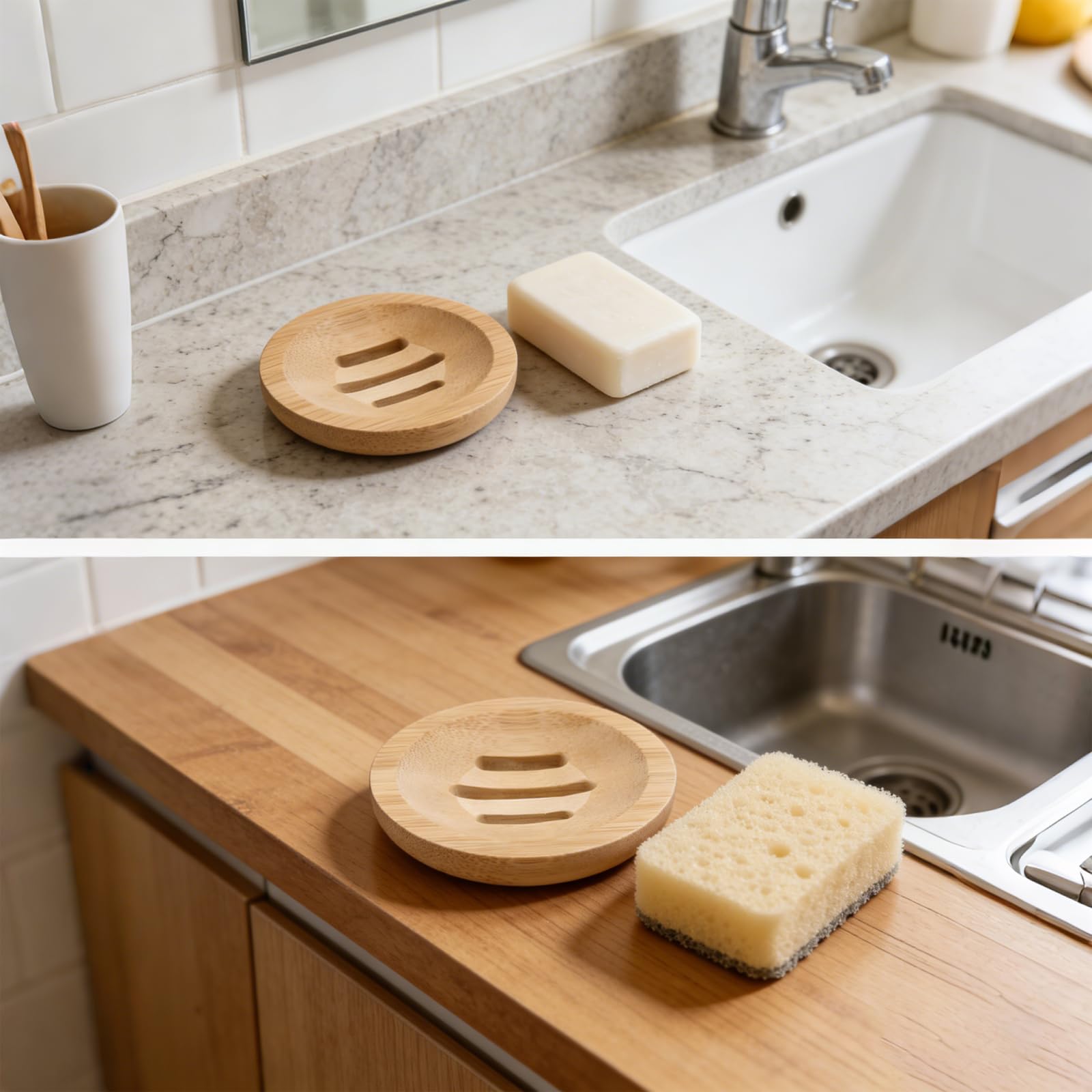 HOIGON 20 jaboneras de bambú para ducha, 10 jaboneras redondas de madera y 10 bandejas de jabón cuadradas, bandeja de jabón de madera para el hogar, baño, cocina