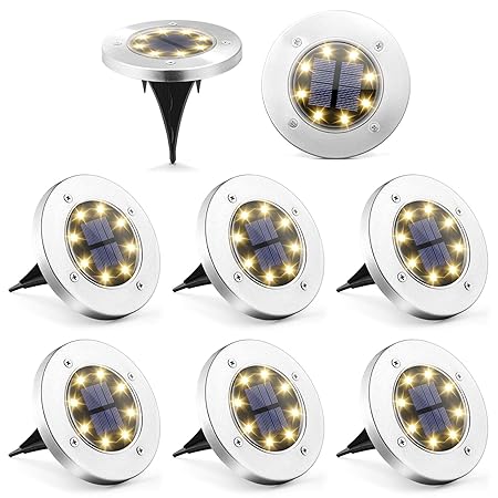 Solpex Solar Ground Lights 8 Pack, 8 LED Solar Powered Disk Lights Outdoor Waterproof Garden Landscape Lighting for Yard Deck Lawn Patio Pathway Walkway (Warm White)