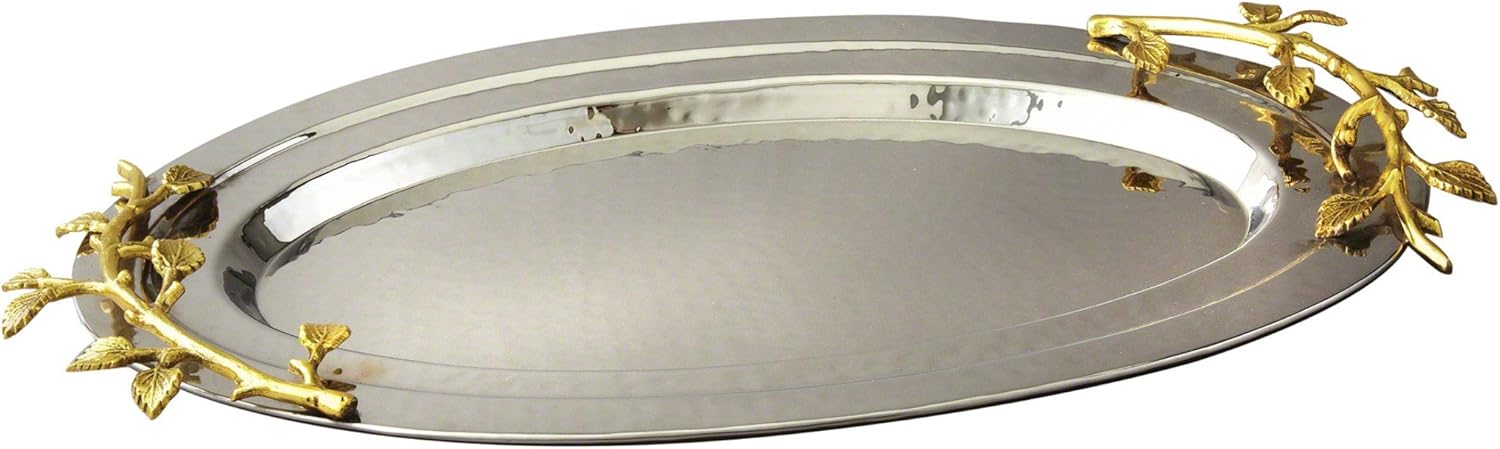 Golden Vine Hammered Stainless Steel Oval Tray, 16.5 by 10-Inch, Silver/Gold