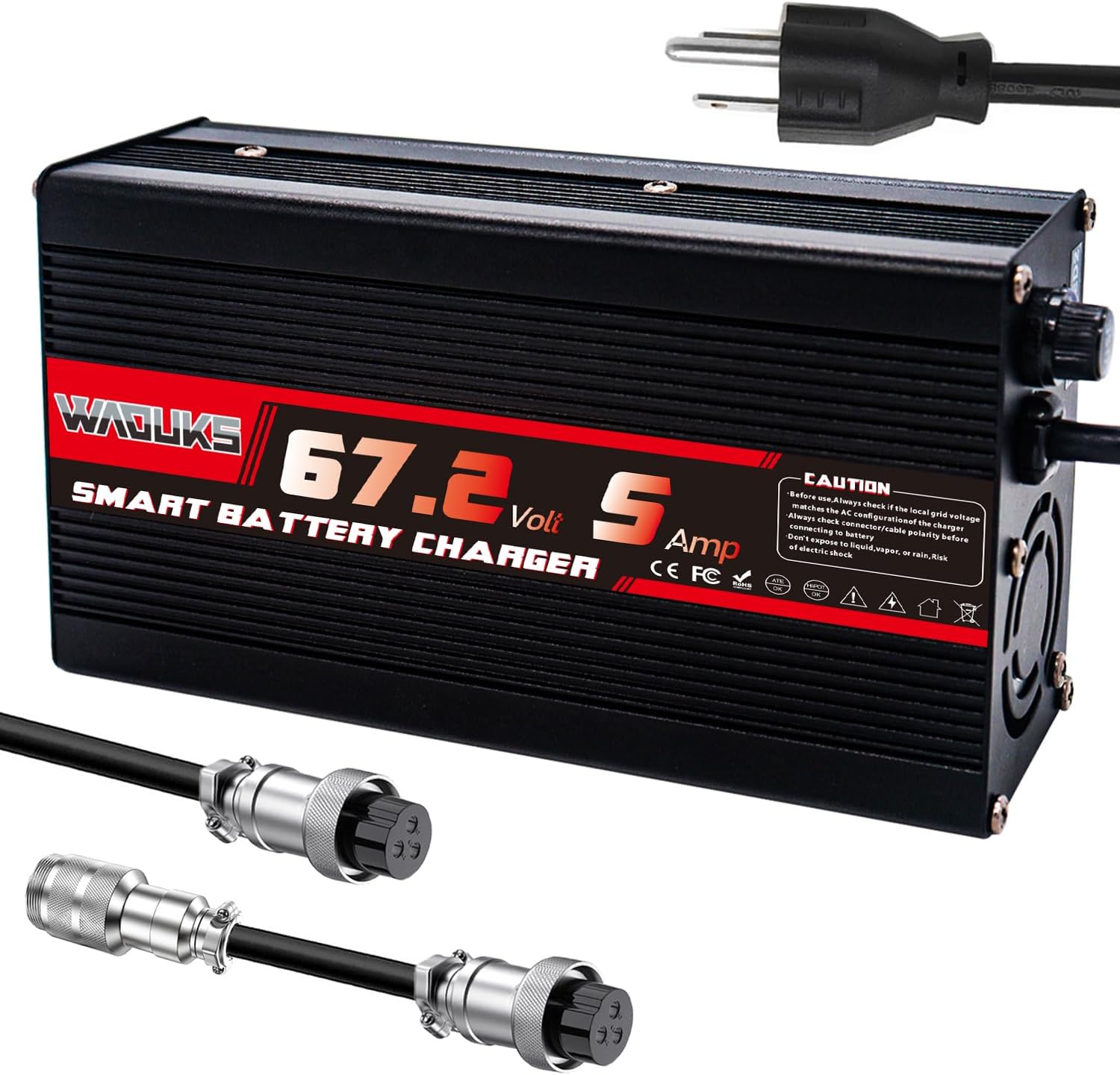 67.2V 5A Charger 60V Li-ion Battery Smart Charger Black Aluminum Case with Cooling Fan Used for 16S 60V 15Ah 20Ah 25Ah 30Ah 40Ah 50Ah 60Ah Li-ion Battery