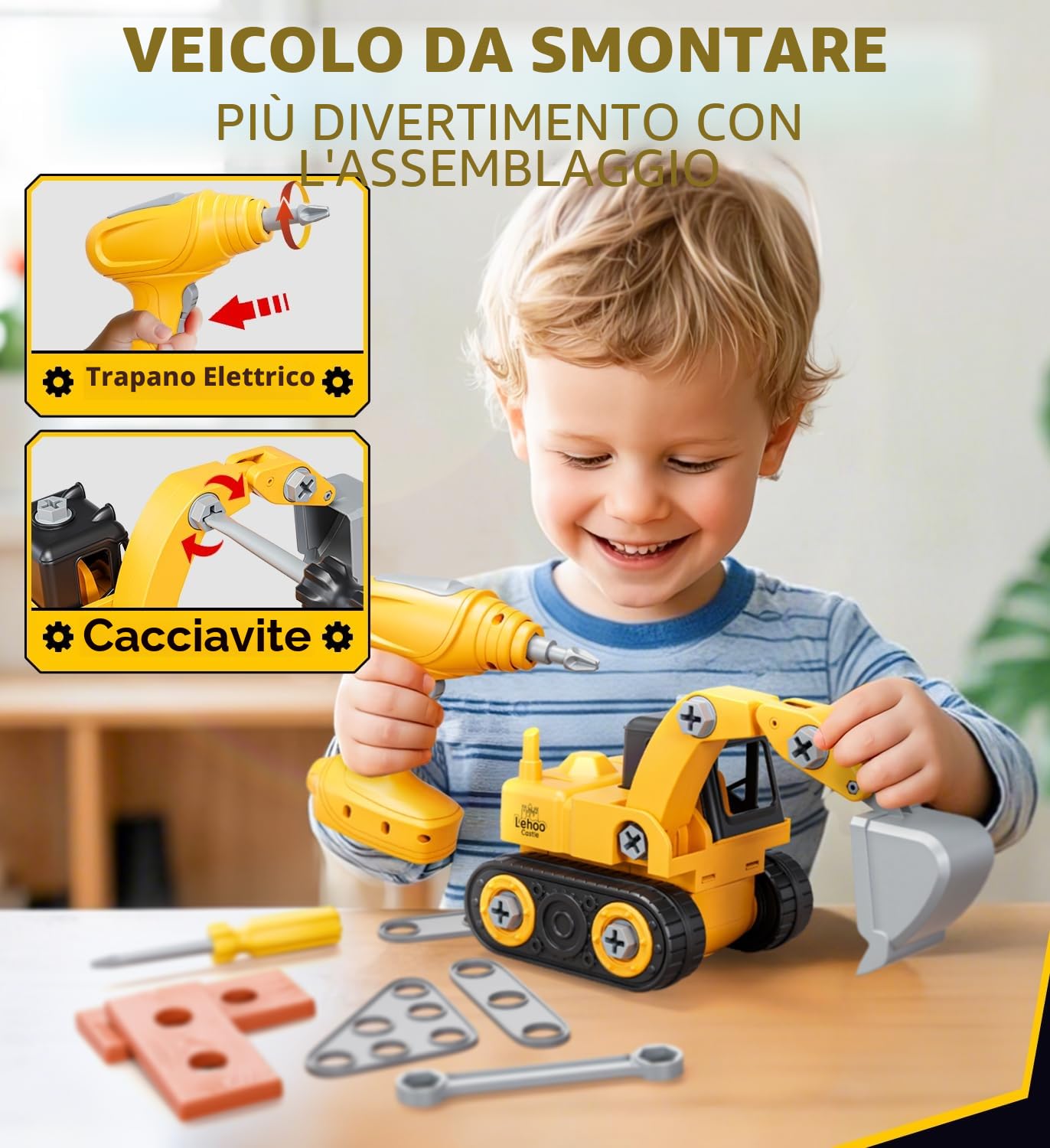 Lehoo Castle Cassetta Attrezzi Bambini con Trapano Giocattolo ＆ Mini Banco da Lavoro ＆ Escavatore Giocattolo per Bambini, Regalo di Ruolo Montessori da 3 4 5 6 anni Ragazzi Ragazze