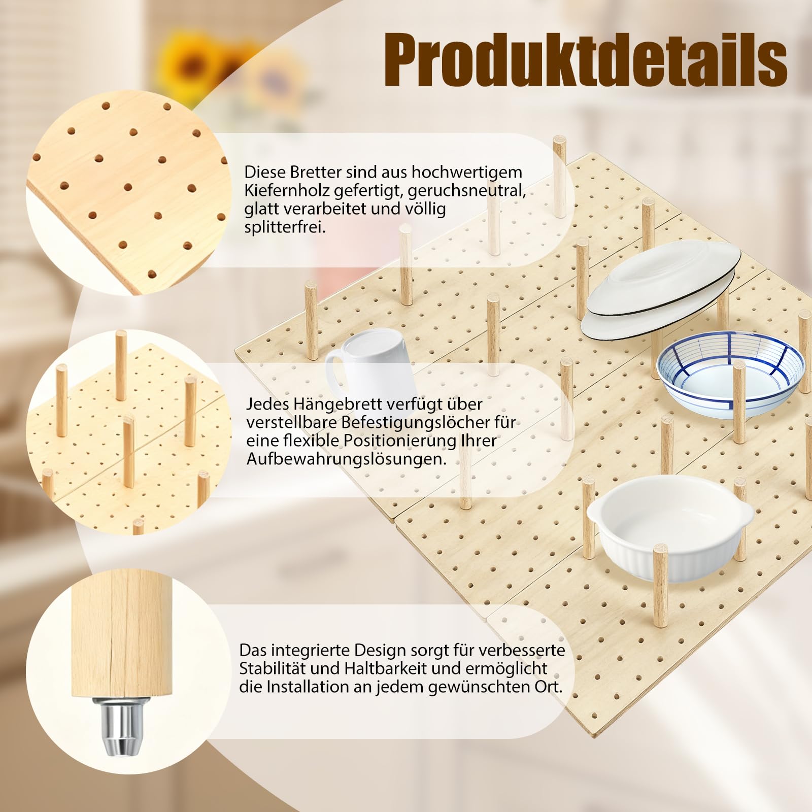 Stecktafel Schublade Organiser, 4 Stück Holz Peg Board System mit 32 Holzstab, 53.3 x15 x1cm Einstellbare Holz Teller Organizer Tablett, Schublade Organizer für Geschirr, Küche Stecktafel