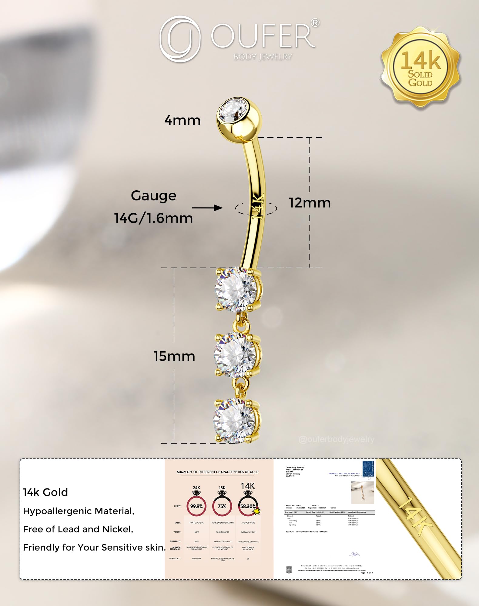 OUFER Body Piercing Belly Bars 14G Navel Piercing Jewellery Dangle Belly Button Bars Navel Bar Clear CZ Belly Button Ring Gold Externally Belly Piercings