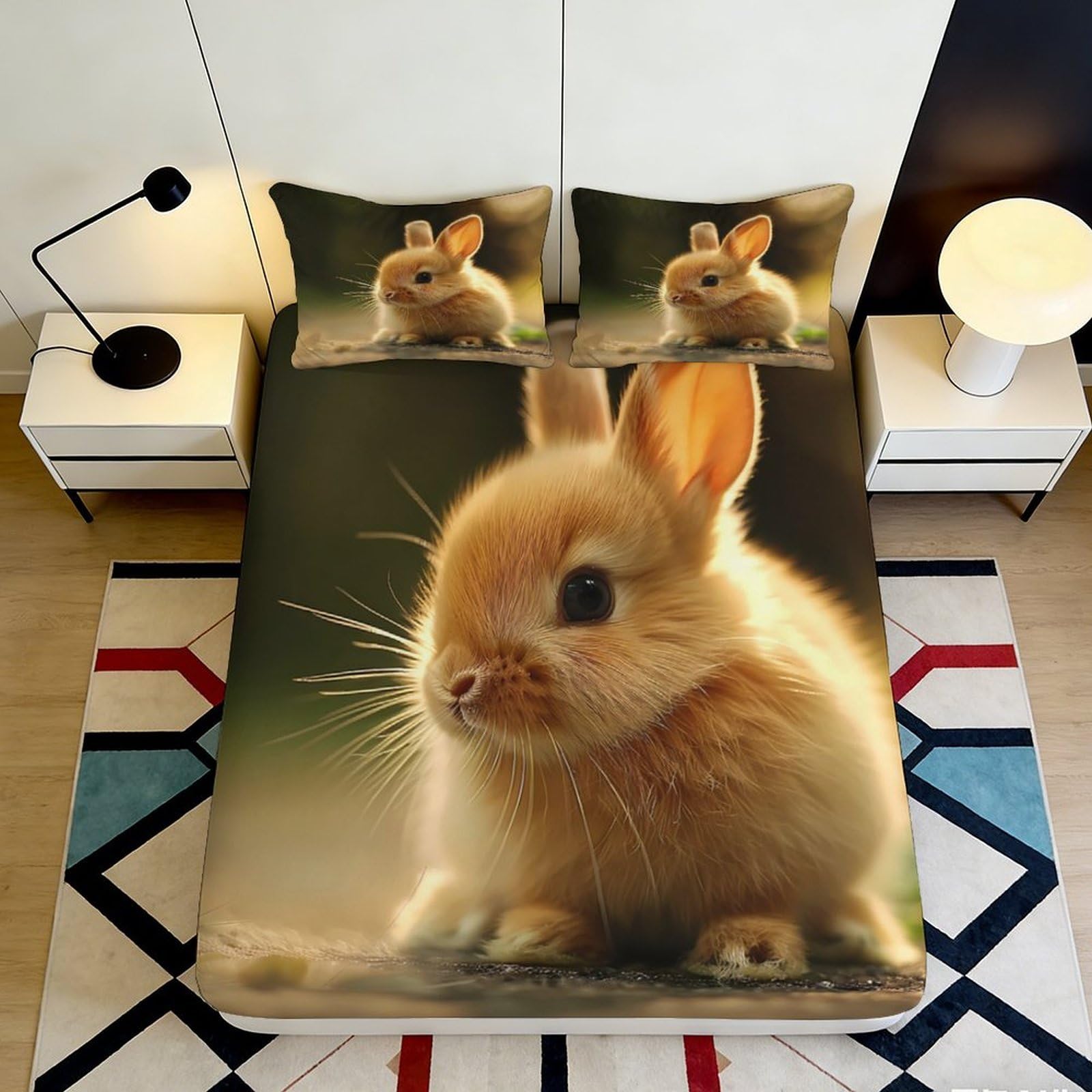 3D Printed Cute Bunny Fitted Sheet Microfiber Soft Animal Rabbit Bed Sheet for Bedroom Dorm Mattress Decor 90x200x25cm