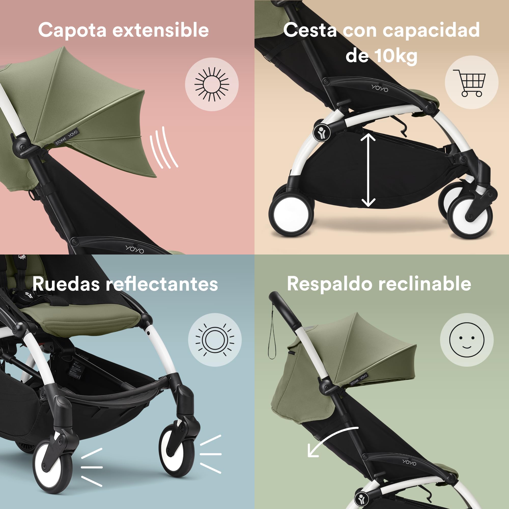 Cochecito YOYO3 de Stokke con Capazo para Recién Nacido - Incluye chasis en blanco, pack color 6+ para YOYO (Olive) y Capazo para Recién Nacido (Olive)